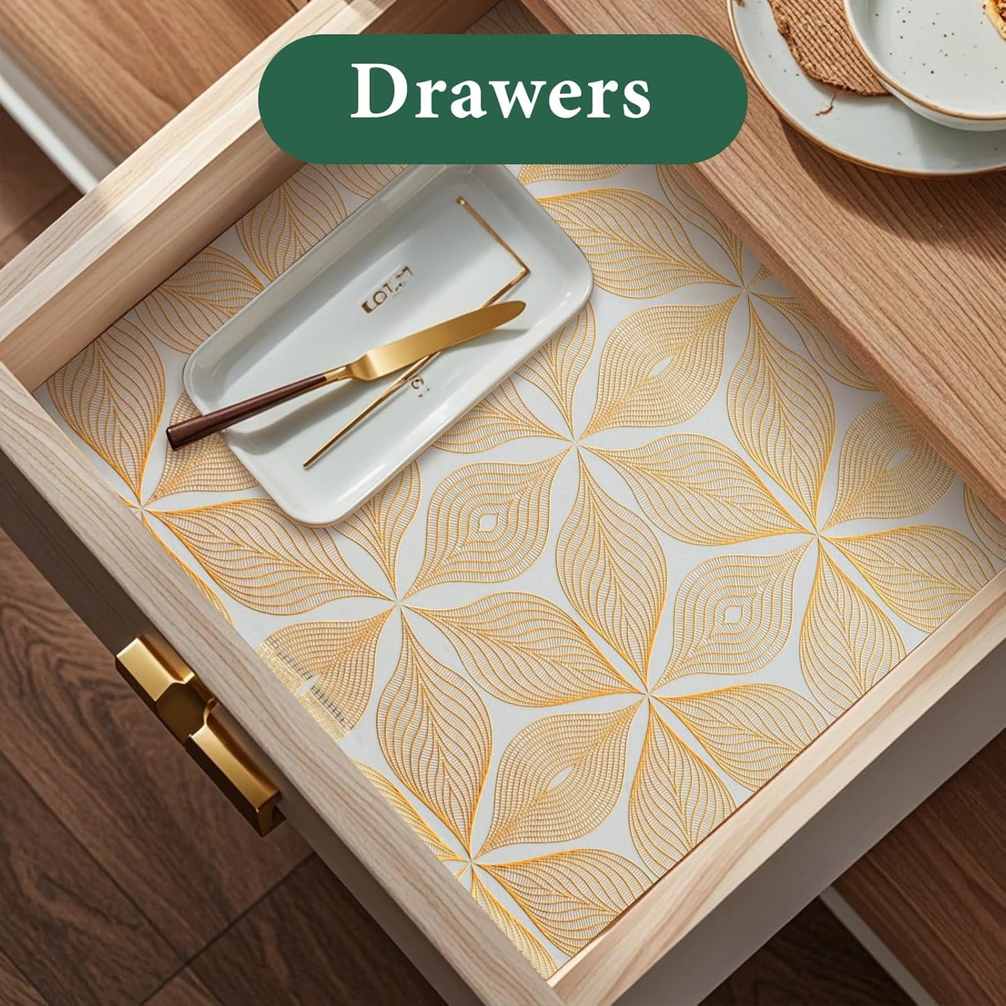 3D Drawer and Shelf Liner for Kitchen Cabinet: 17 in X 20 Ft Waterproof Shelf Paper Non Adhesive Refrigerator Liners Golden Leaf Easy Liners for Bathroom with Knife Tape Measure