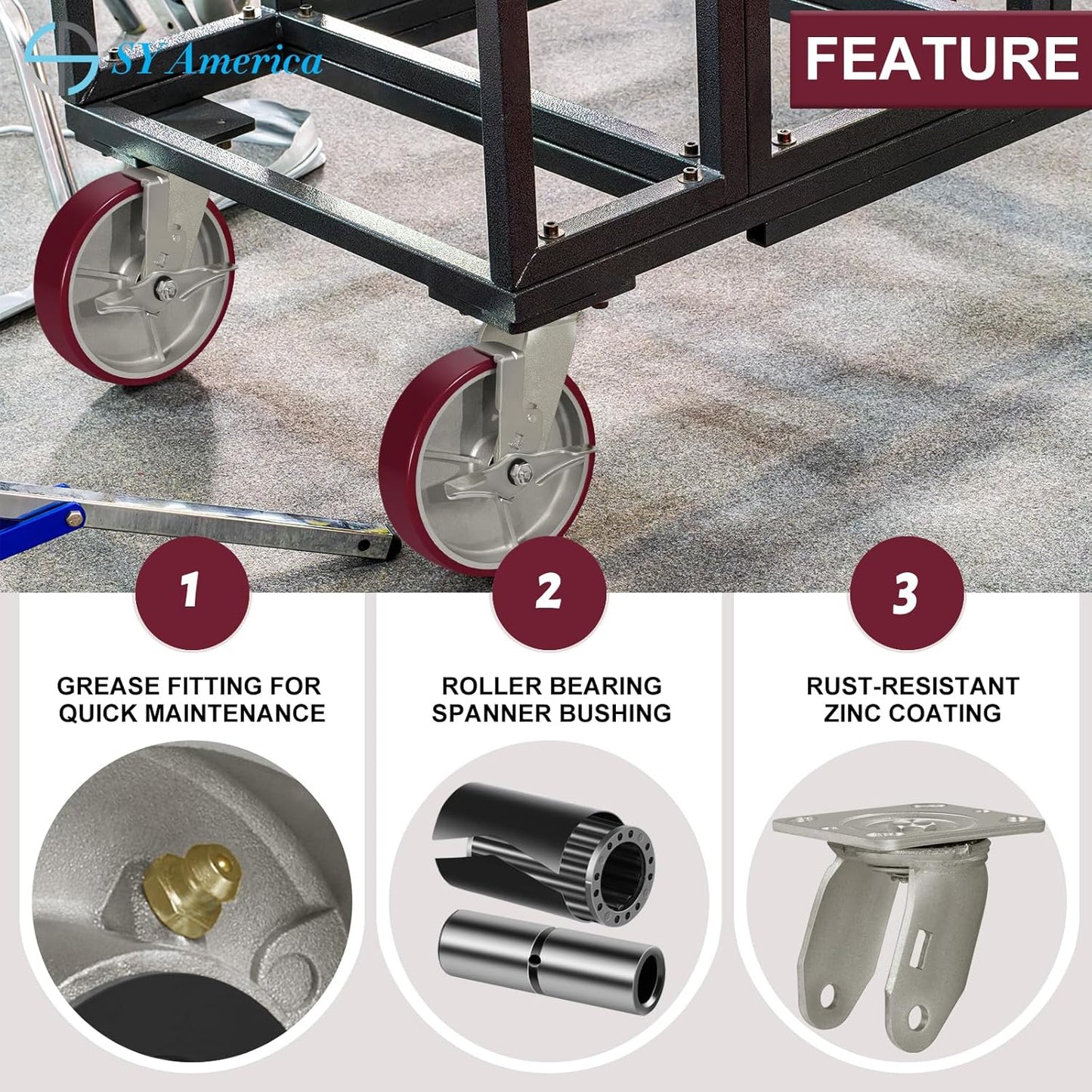 SY America 8" X 2" Casters Wheels,Heavy Duty Casters Set of 4，Polyurethane on Aluminum Wheels,2 Rigid 2 Swivel w/Top Lock Brake Casters,6400 LBS Load Capacity