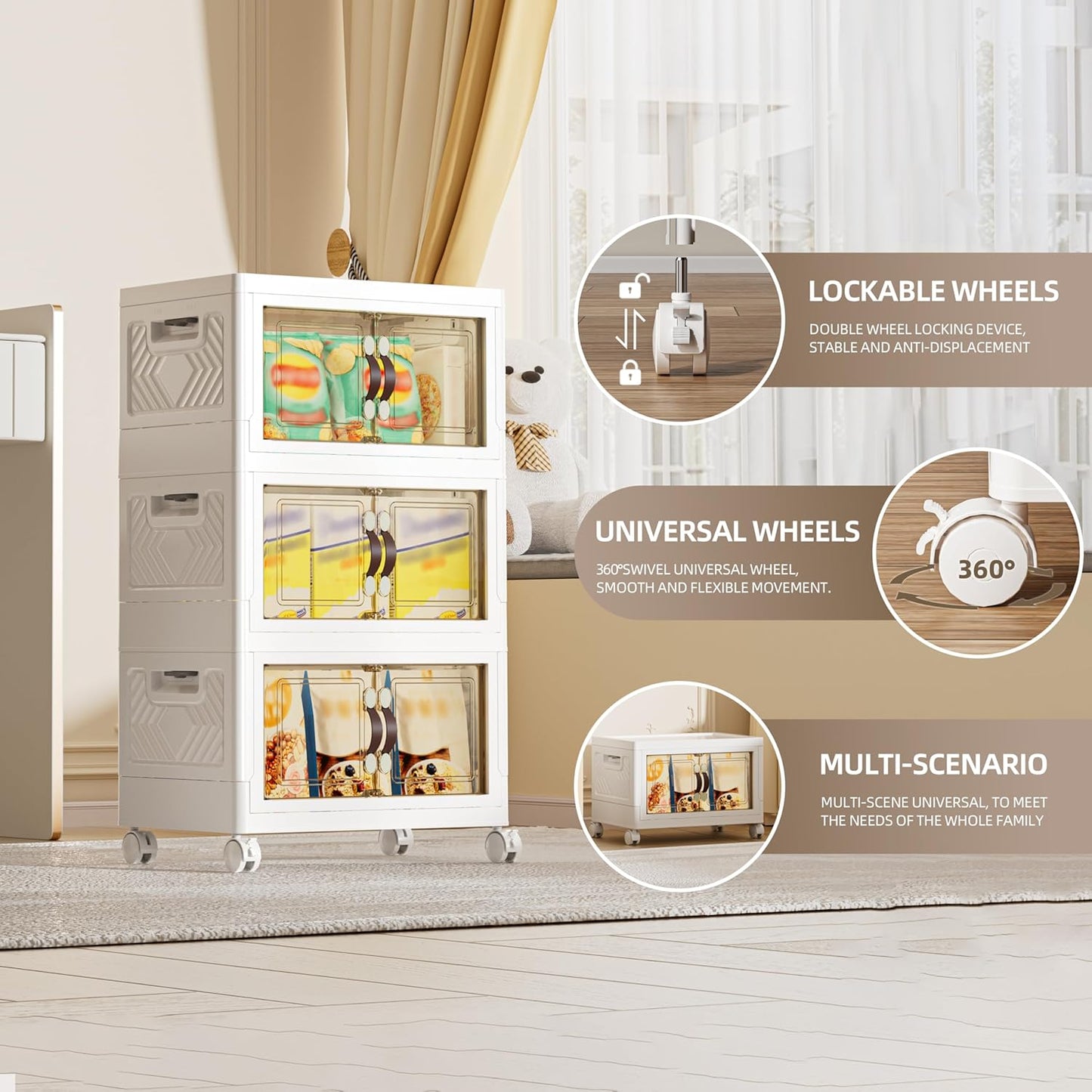 80 QT / 20 Gal Multi-Purpose Stackable Storage Cabinet: Double Magnetic Doors, Foldable, Wheels Included, Leather Handles - Ideal for Pantry, Laundry Room, Dorm