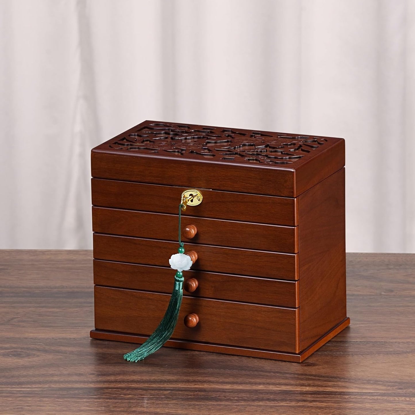 Vintage Wooden Jewelry Box with Dual Key Lock, Carved Top, Necklace Hooks – Antique Jewelry Organizer for Dresser Tabletop, Jewelry Storage Boxes for Women
