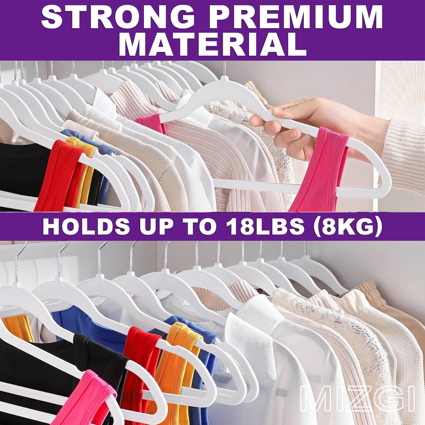 Hangers 50 Pack - Non-Velvet White Plastic Hangers for Clothes -Heavy Duty Slim Coat Hanger -Space-Saving Closet with Chrome Hook,Non-Flocked for Dresses Coats Shirts Jackets
