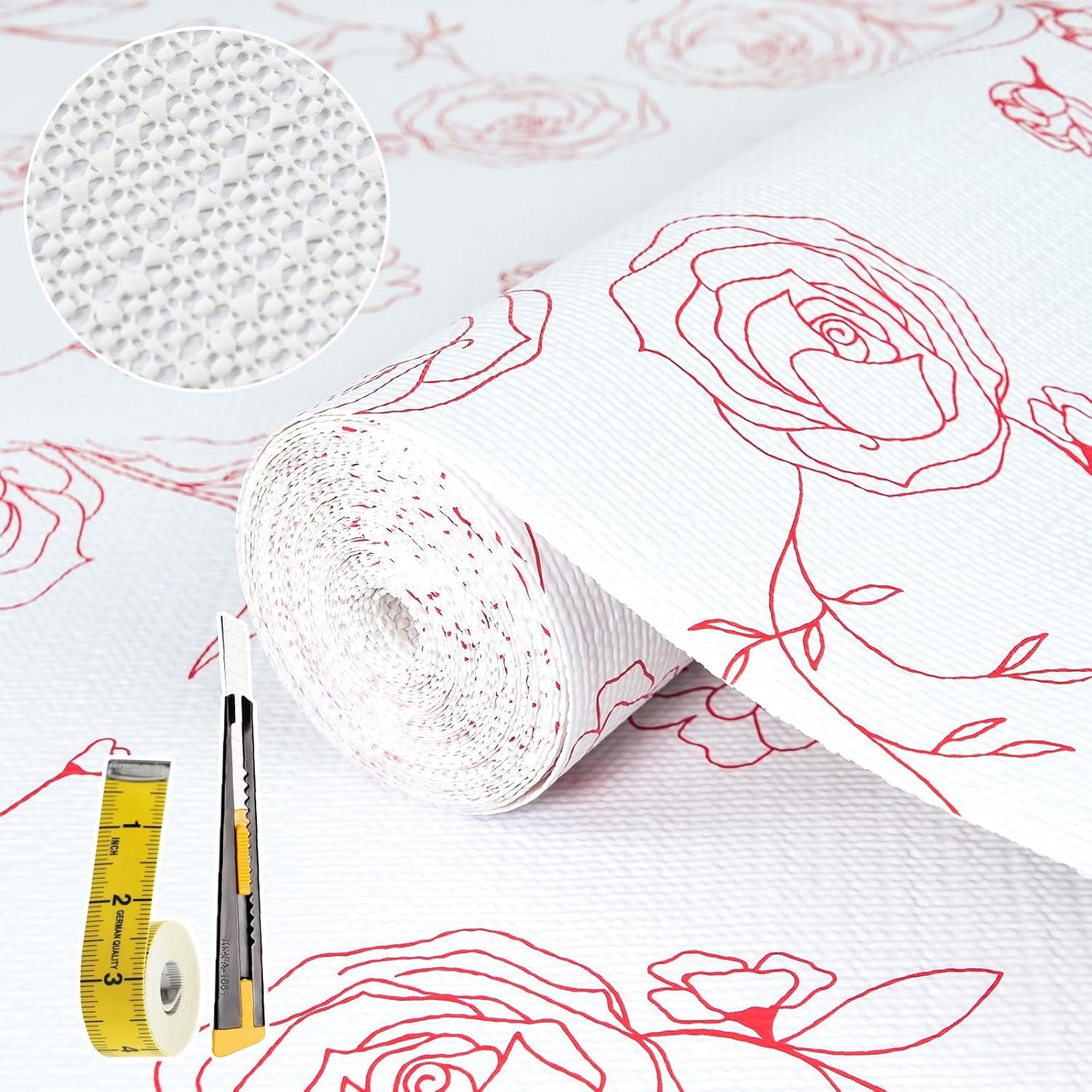 Shelf Liners for Kitchen Cabinets 17in x 20FT Non Adhesive Drawer Liner Red and White Floral Thickened Shelf Liner Paper Strong Non-Slip Easy to Clean for Tool Box with Knife and Tape Measure