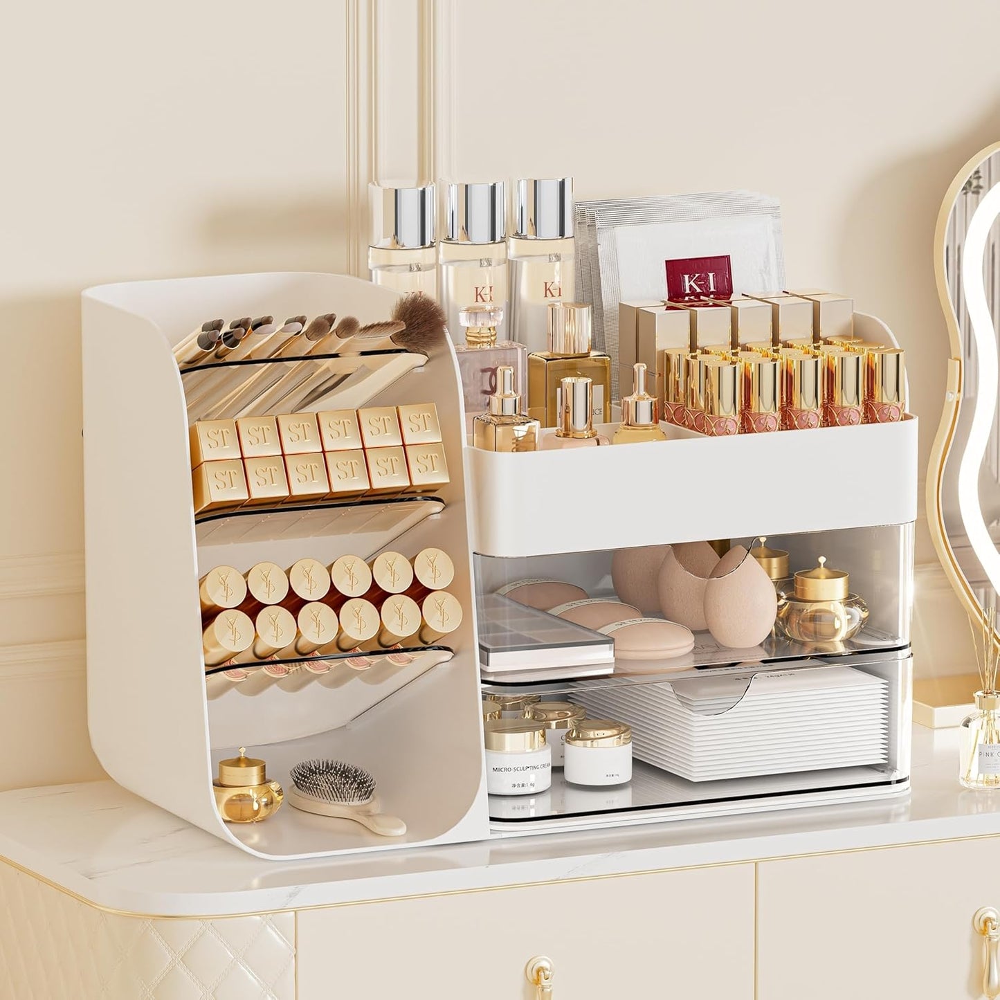 Makeup Organizer with Brush Holder for Vanity,Countertop Makeup Organizer with Drawers,Spacious Cosmetic Display Case,Perfect Storage Solution for Your Beauty Essential