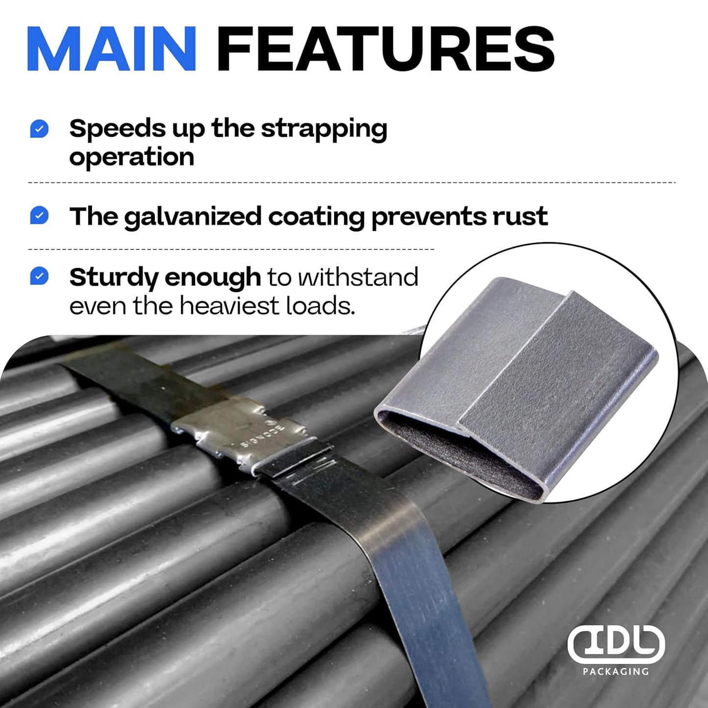 IDL Packaging Closed (Push Type) Seals for 5/8" Strap Width Steel Strapping (Pack of 1000) - Superior Holding Power - Sturdy Metal Clips for Reliable Securing of Packaging Banding