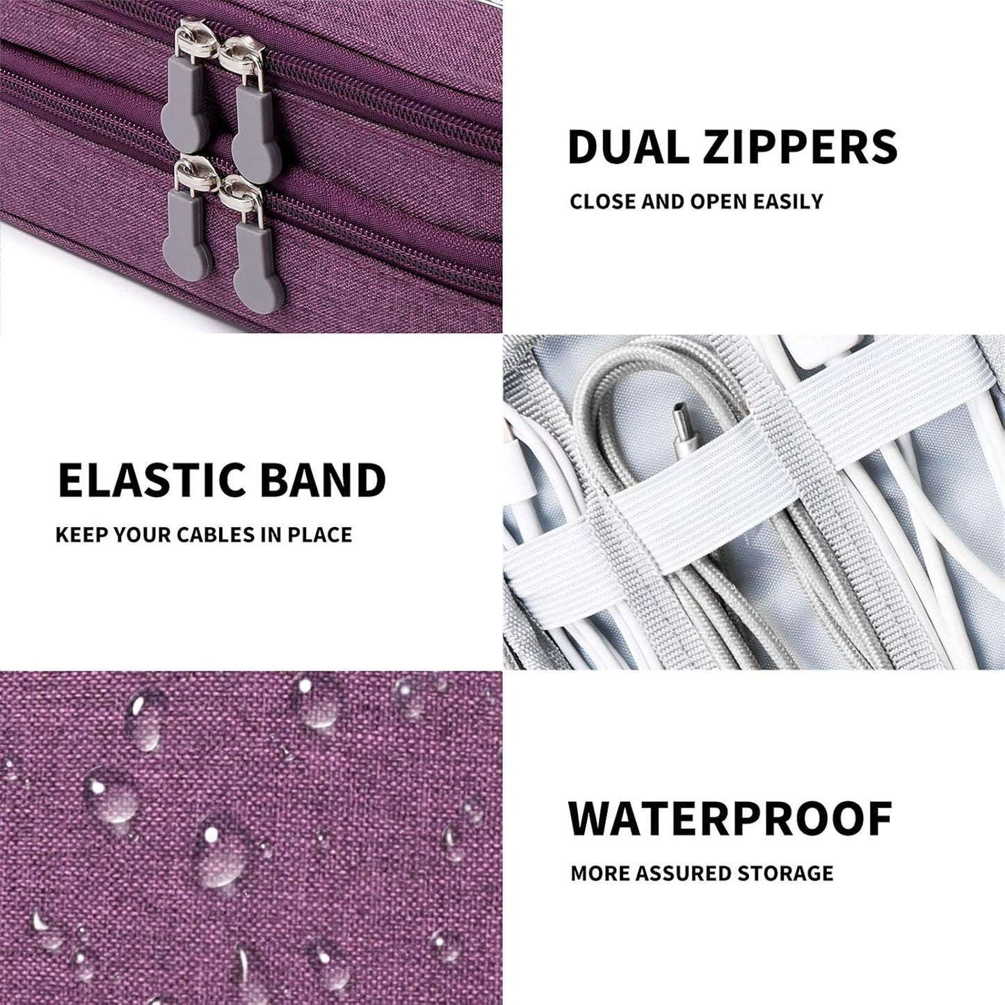 Lanola Travel Cable Organizer Bag, Electronic Accessories Case Portable Double Layer Cable Storage Bag for Cord,phone,Charger, Flash Drive, Phone, SD Card,Personal Items - (Purple)