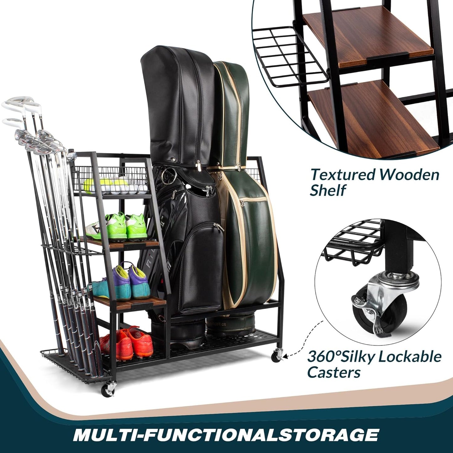 Golf Bags Storage Garage Organizer, Golf Bag Rack Fits 2/3 Golf Bags and Golf Equipment Accessories, Golf Club Storage Stand with Wooden Shelf and Lockable Wheels for Garage Indoor Basement