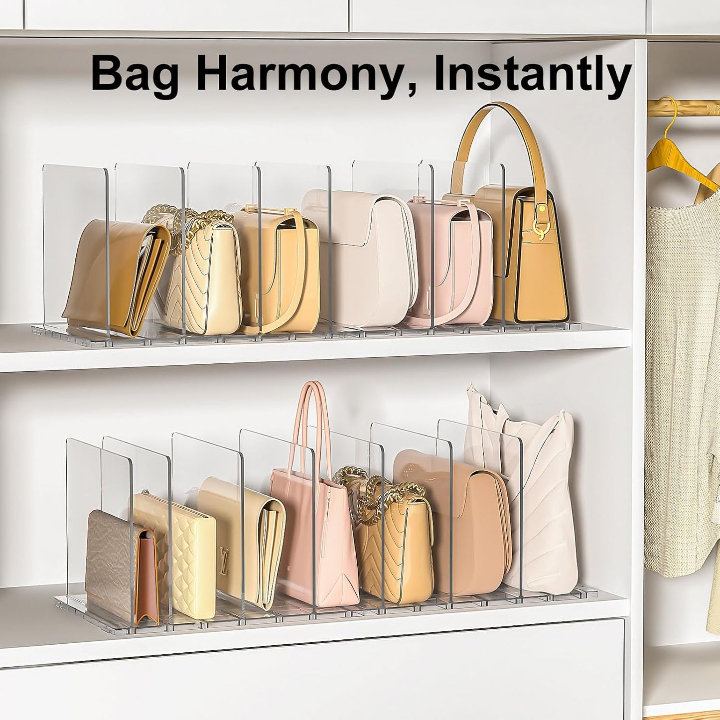 Bag Purse Organizer for Closet: Shelf Dividers Adjustable Acrylic Handbag Storage - Plastic Closet Organizers and Storage for Clutches - Keep Carteras & Pocketbook Upright