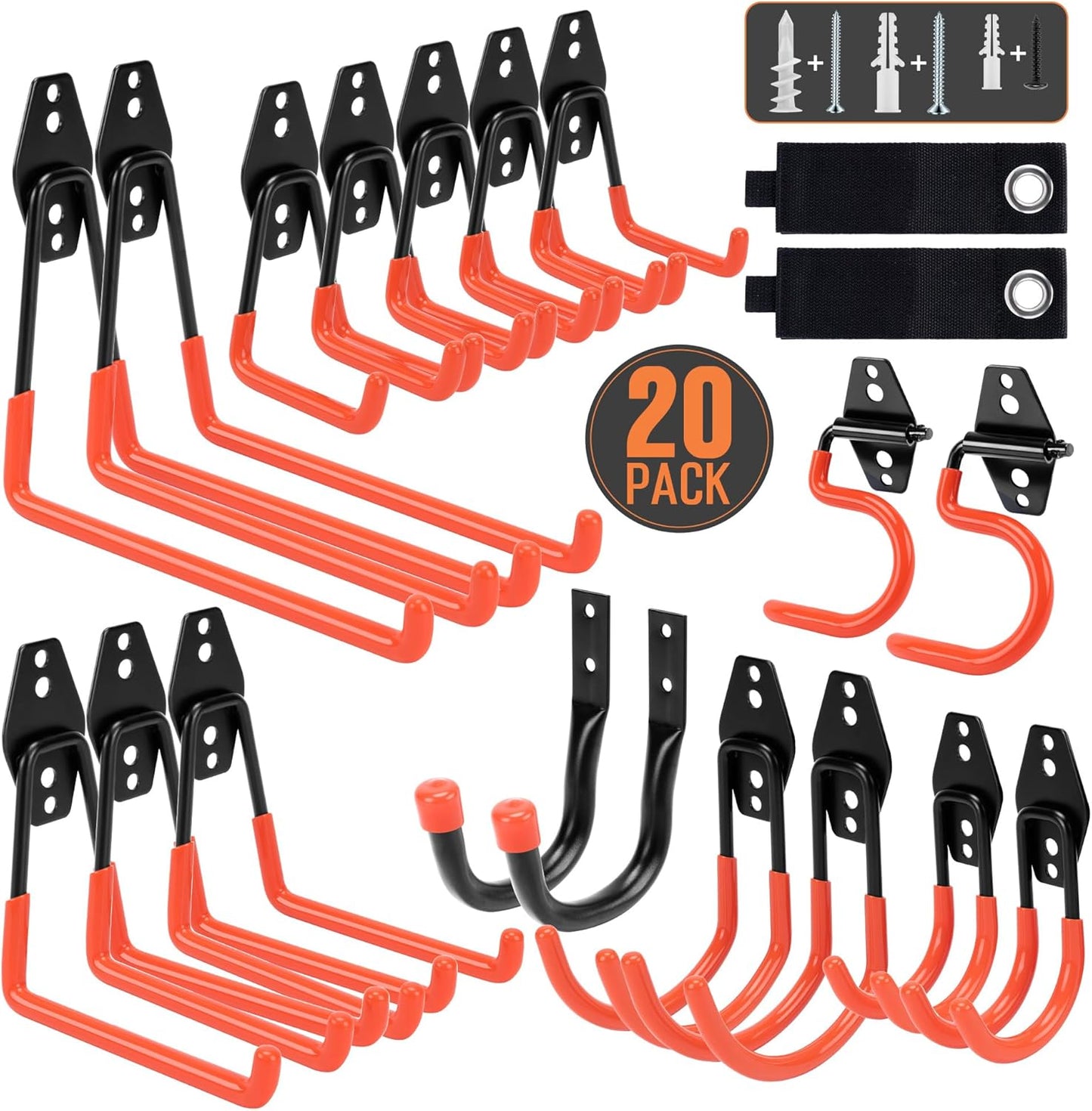 TONDA Garage Hooks, 20 Pack Garage Organization, Wall Storage Hooks Heavy Duty for Hanging Bike, Ladder, Garden Tools, Hose and Ropes, Orange
