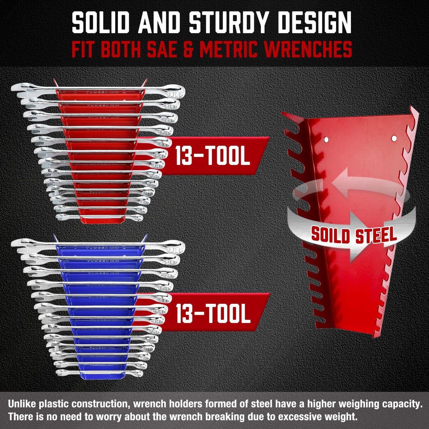 ALOANES 78-Slot Metal Wrench Organizer, Heavy Duty Wrench Organizer Tray for Tool Box, Professional Fit SAE & Metric Wrench Storage, 6 Pack Wrench Holders(Red&Blue)