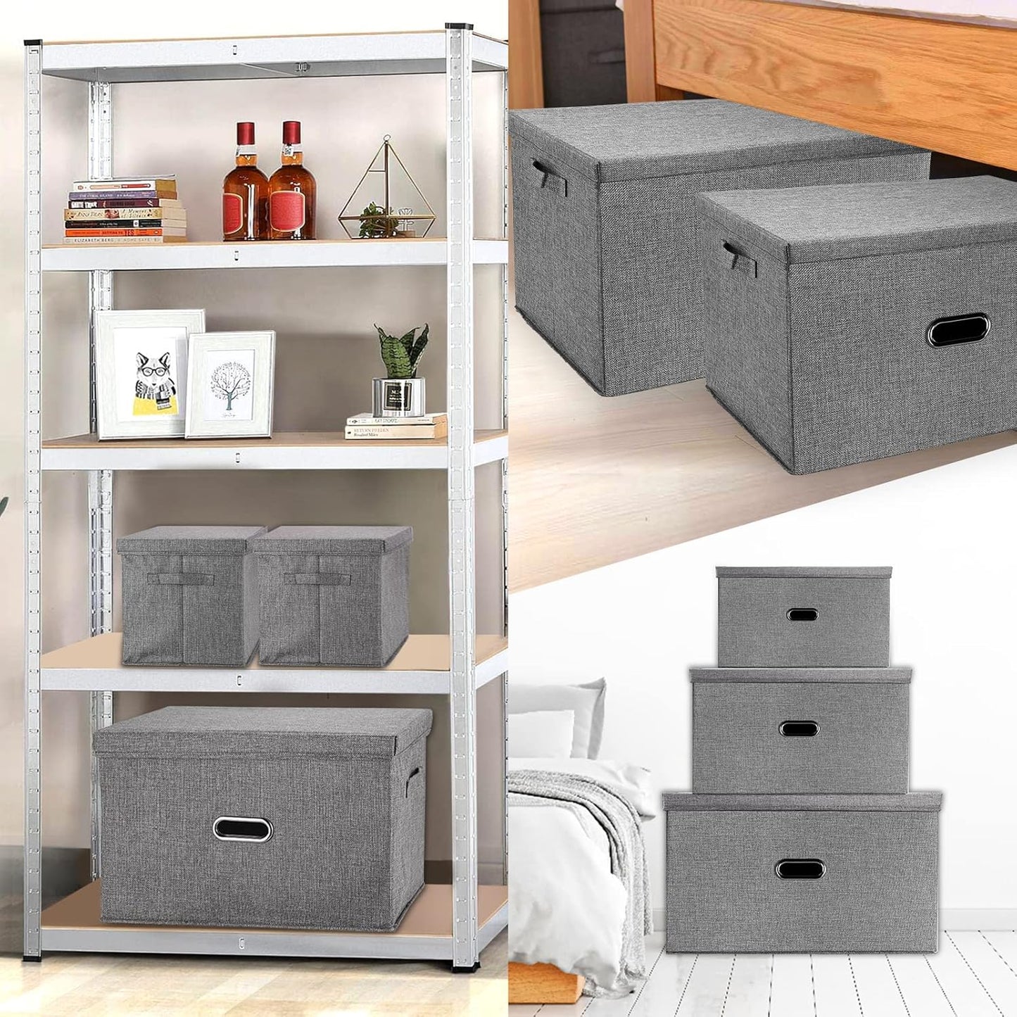 Large Linen Fabric Foldable Storage Bins with Removable Lid and Handles, Washable Storage Box Organizer Containers Baskets Cube with Cover for Bedroom,Office(Black, XXL(2-Pack))