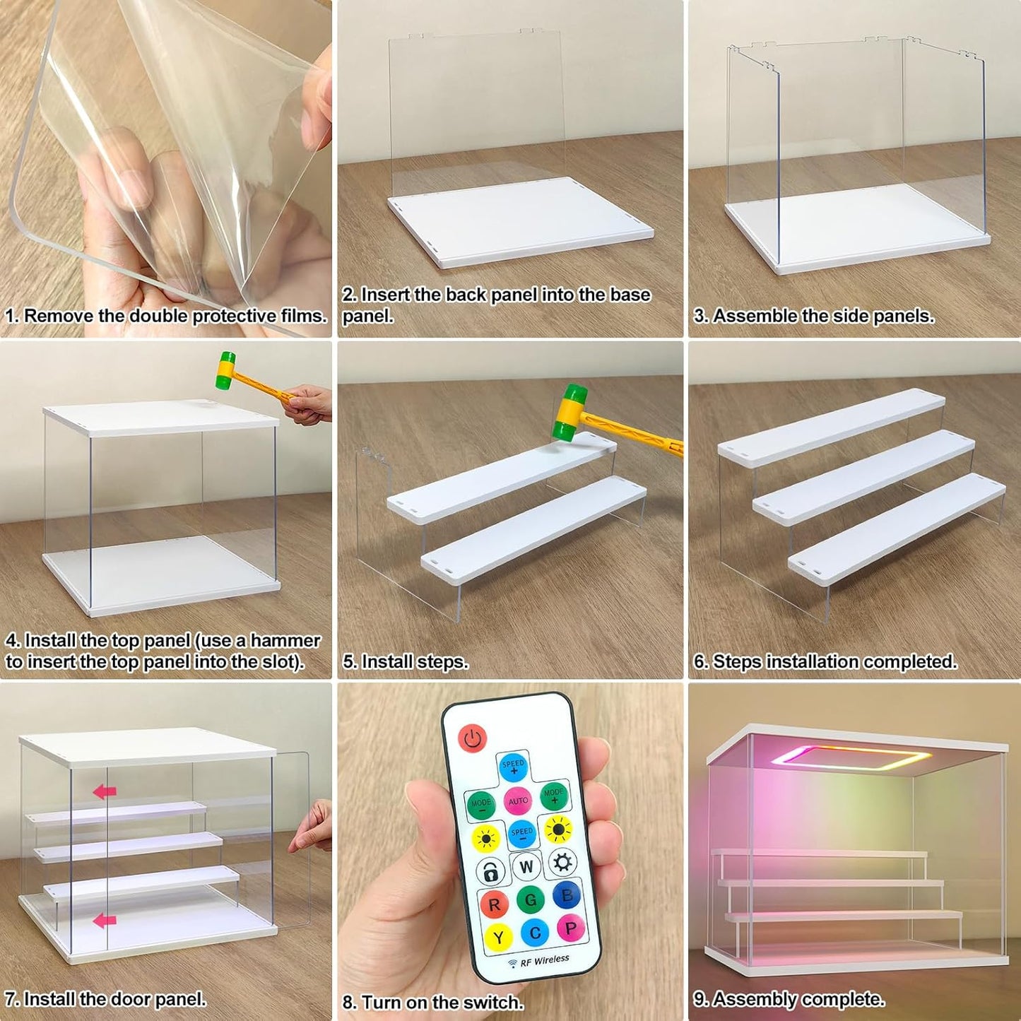 NONEMEY Clear Acrylic Display Case with Light ,3/4/5/6 Tier Multiple Color Lights via Remote Control Dustproof Display Box for Collectibles Figures Mini Toys (5Tier 12.4*12.2*12inch )