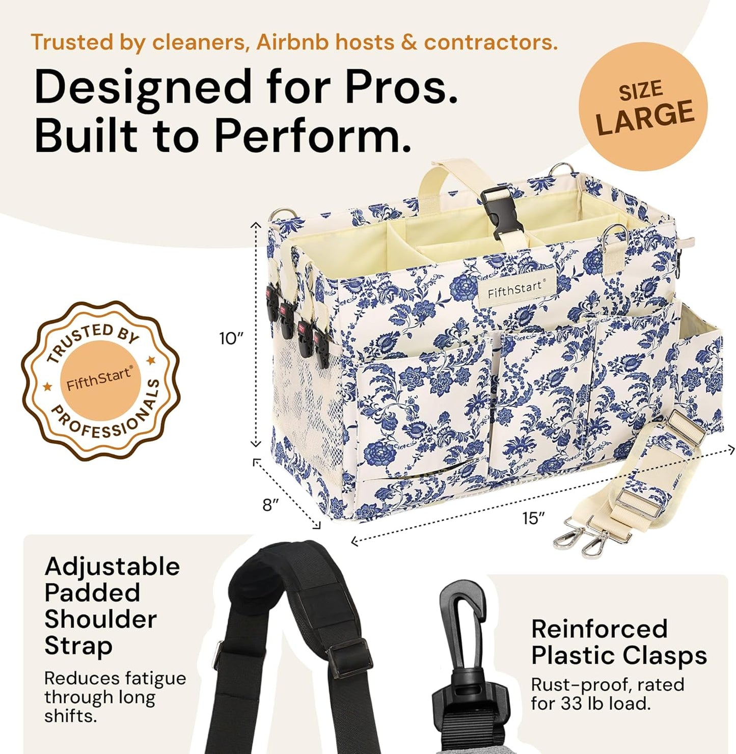 FifthStart Multiuse Large Blue Floral Diaper Caddy with Waist, Shoulder Strap, 9 Pockets, Mesh Base, and Adjustable Compartments
