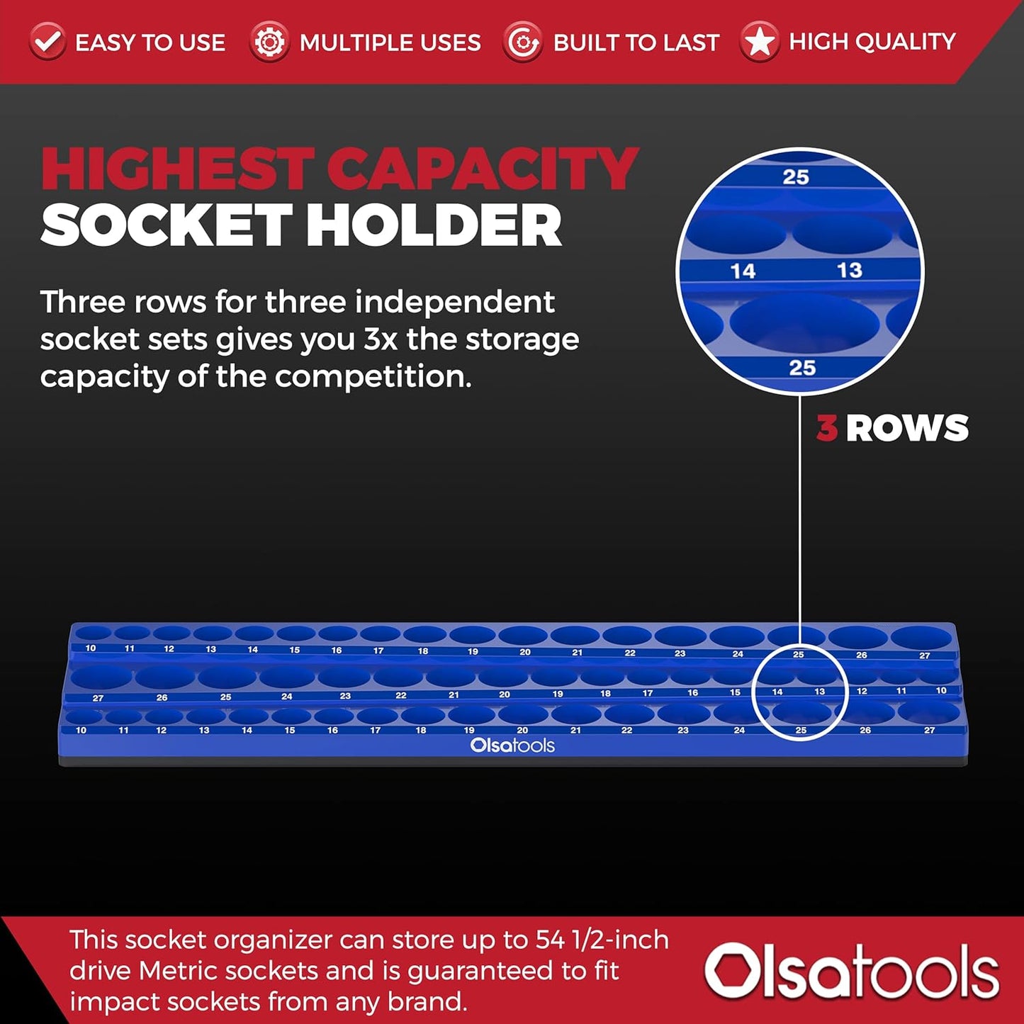 Olsa Tools Magnetic Socket Organizer (1/2-Inch Drive, 3 Row) - Magnetic Tool Organizer & Socket Holder - Tool Box Socket Organizers - Metric Blue - Holds 54 Sockets - Professional Grade - Part: 1555