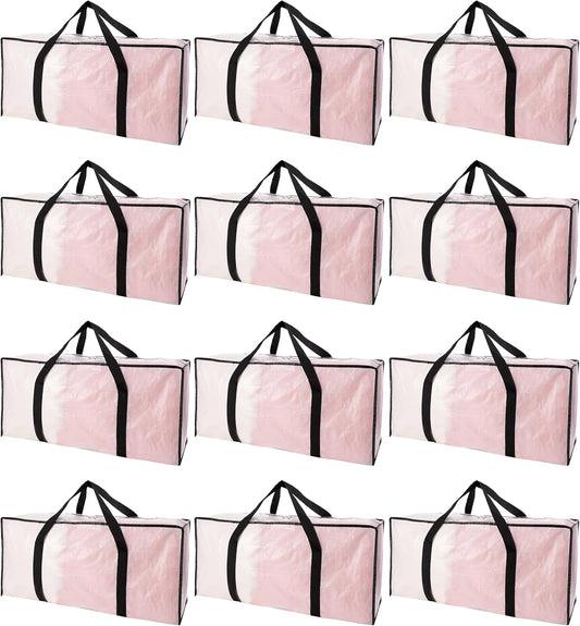 Extra Large Moving Bags with Zippers & Carrying Handles, Heavy-Duty Storage Tote for Space Saving Moving Storage, Fold Flat, Alternative to Box and Bin - 12 Pack, Semi-Transparent
