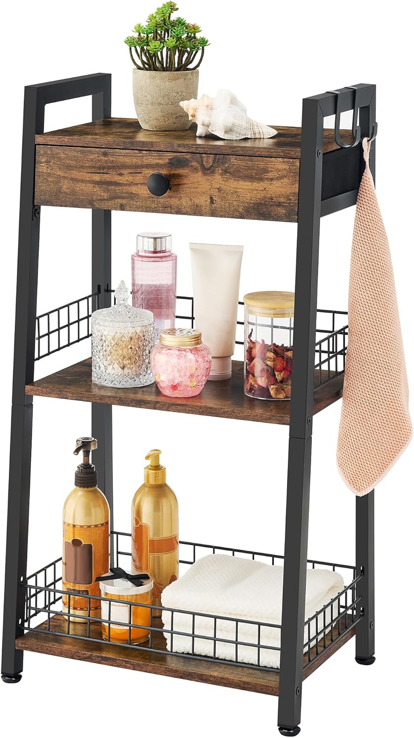 3-Tier Ladder Shelf with Drawer, Bathroom Stand Floor Storage Shelf, Freestanding Tower Shelf Ladder Table for Living Room, Bedroom -Rustic Brown