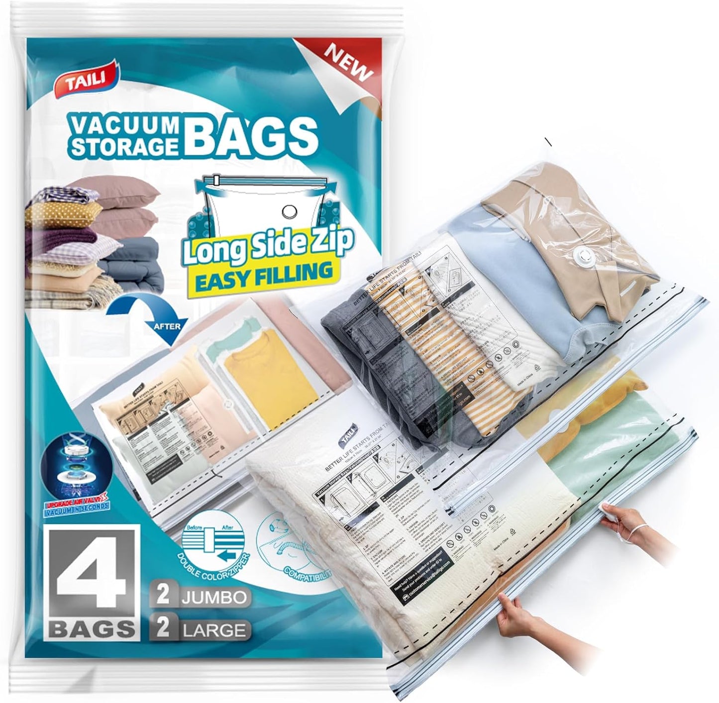 TAILI Vacuum Storage Bags 4 Pack, LONG SIDE ZIP (2 Large+2 Jumbo), Multi-Size Vacuum Seal Bags for Clothing, Storage Bulky Beddings, Blankets and Clothes, Space Saver for Closet Organization