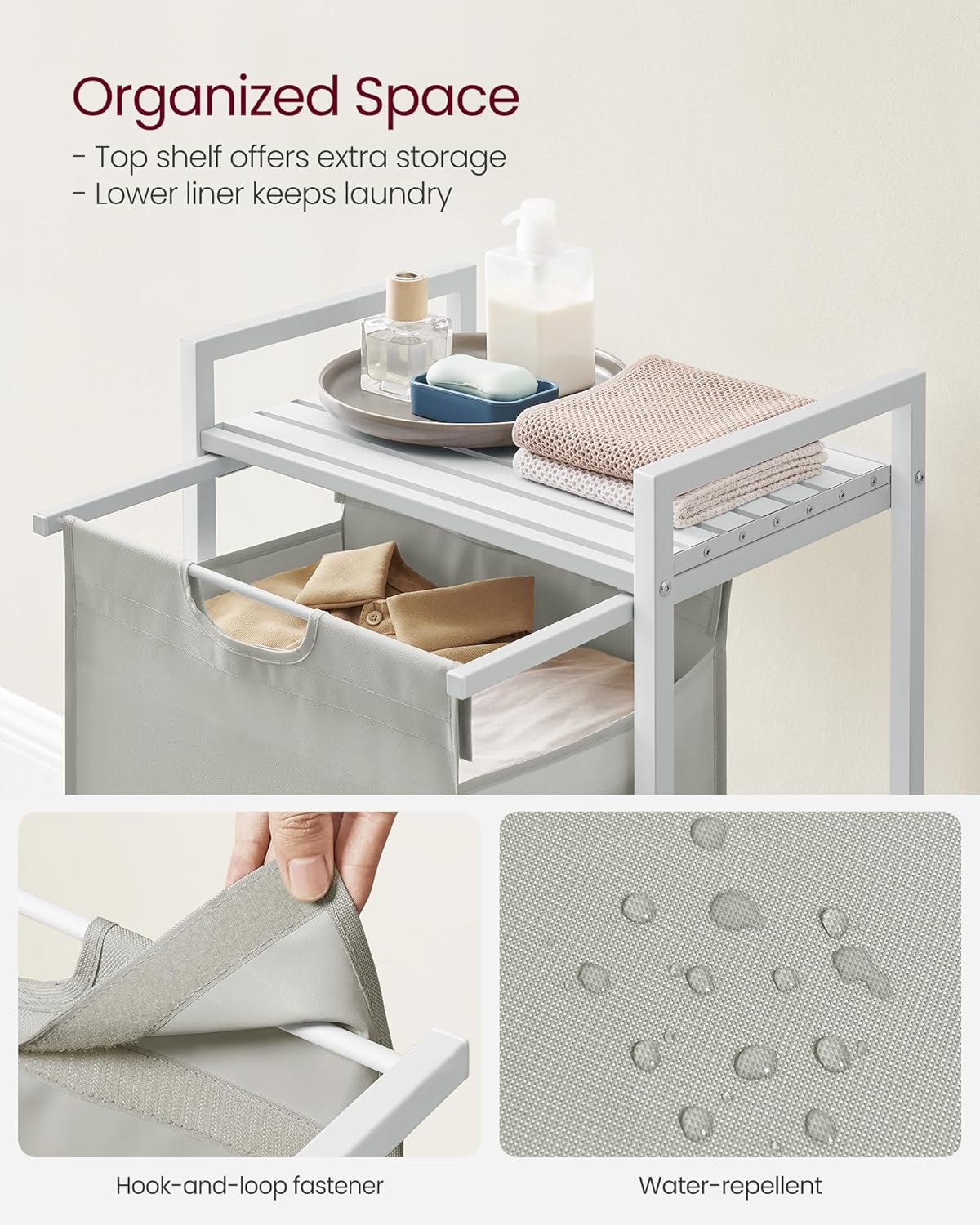 VASAGLE Laundry Hamper, Laundry Basket, Laundry Sorter with A Pull-Out and Removable Bag, Shelf, Metal Frame, 17.2 Gallons (65 L), 19.7 x 13 x 28.4 Inches, Cream White and Cloud White UBLH101W01