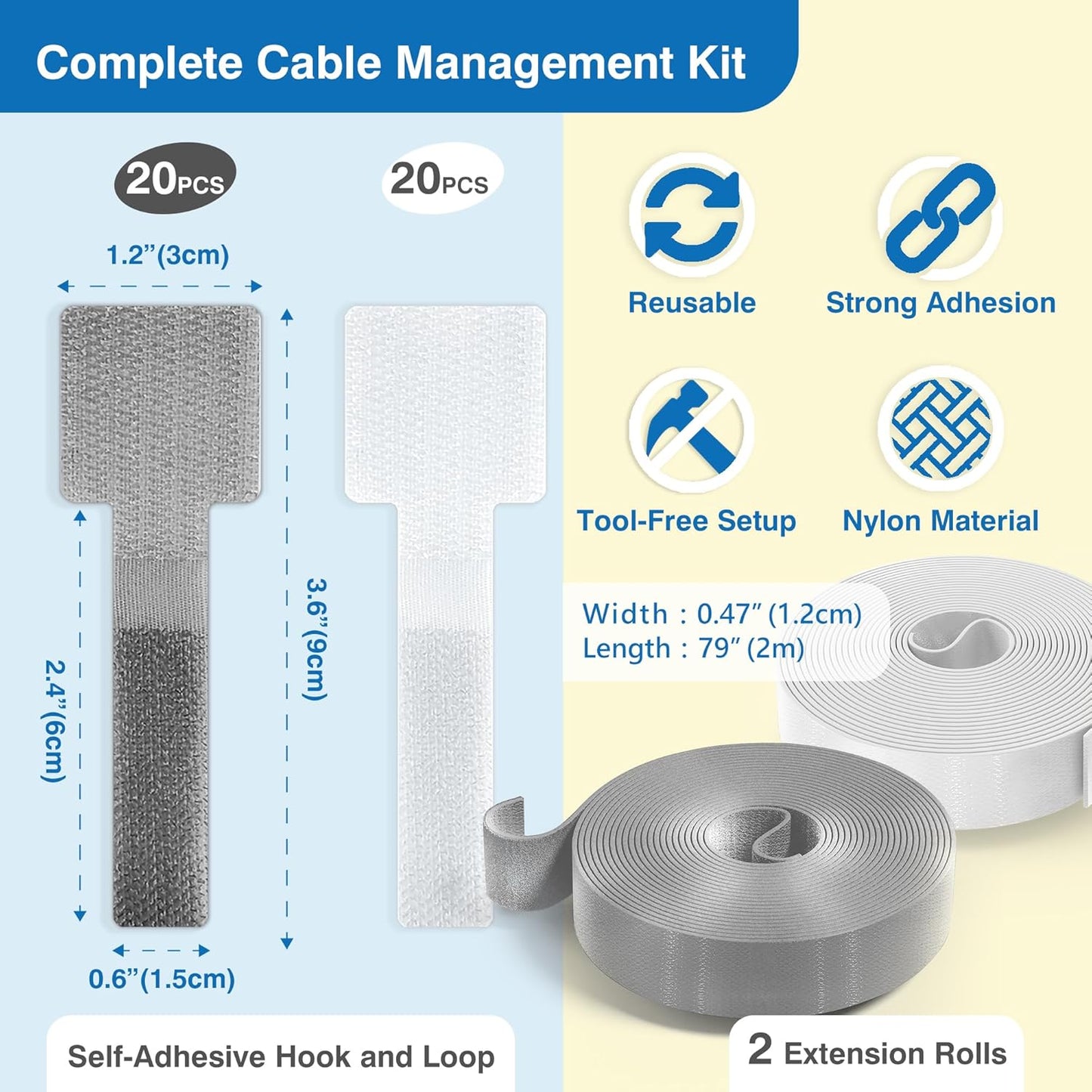 Cable Management Kit – 40 Self-Adhesive Hook and Loop Ties with 2 Extension Straps – Made with 3M Tape, Back-Sticky Cord Organizer for Under Desk, Wall, Home, Office – Adjustable Wire Holders
