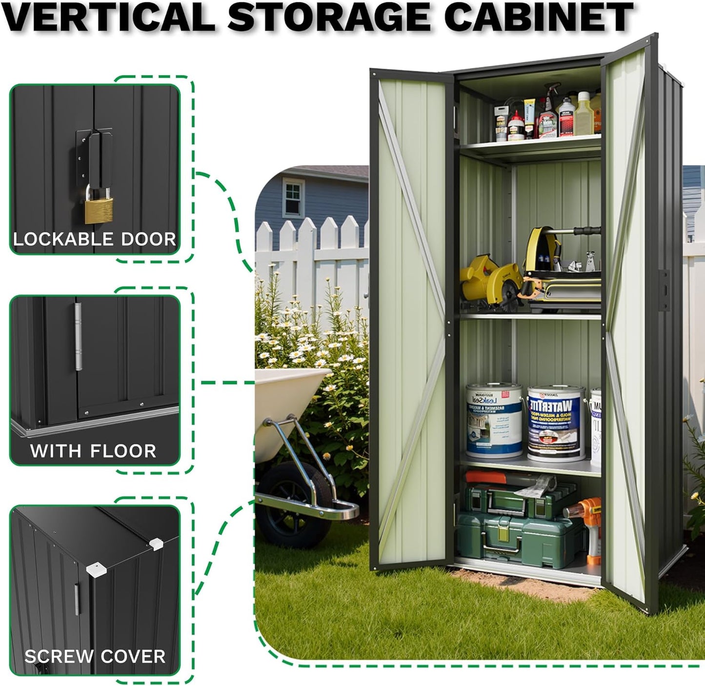 Patiowell 28 Cuft Outdoor Storage Cabinet, Metal Storage Shed with Lockable Door & 3 Adjustable Shelves, Indoor Outdoor Vertical Waterproof Tool Shed for Backyard Garden Patio, Black