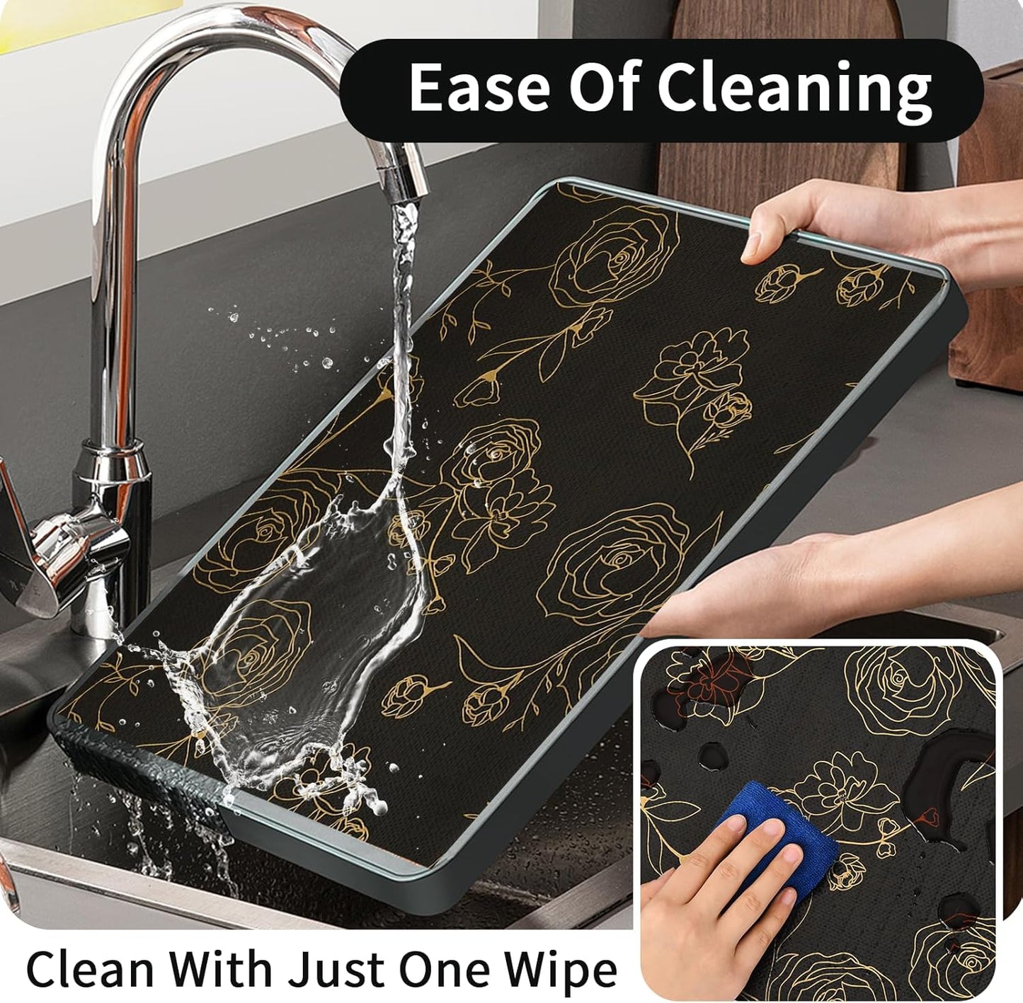 Shelf Liners for Kitchen Cabinets 17.5in x 30FT Non Adhesive Drawer Liner Black Floral Thickened Shelf Liner Paper Strong Non-Slip Easy to Clean for Tool Box Refrigerator with Knife and Tape Measure