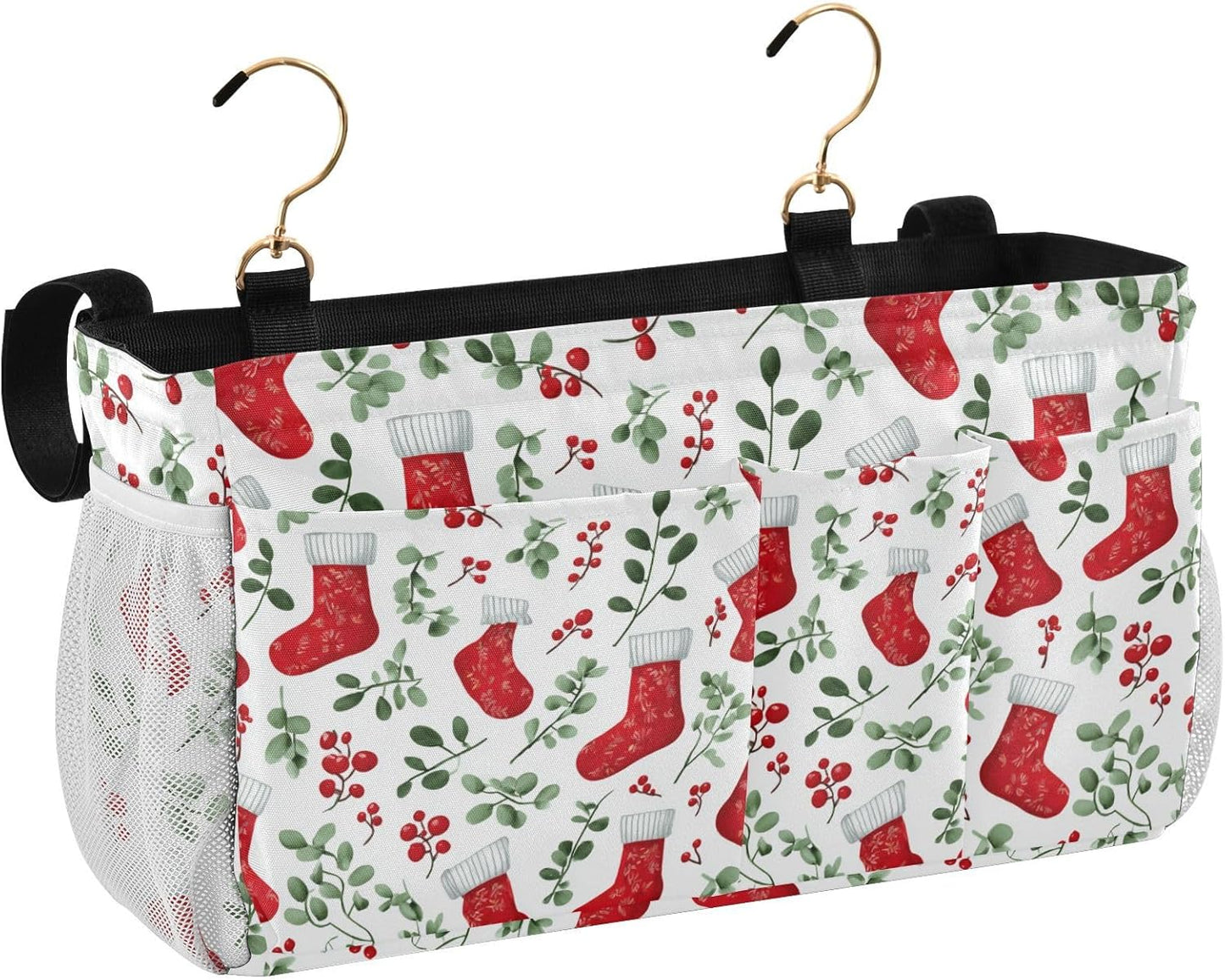 Red Stockings Holly Christmas Bedside Caddy for Dorm Bed Bedside Hanging Caddy Bag Iron Frame Storage Organizer Pocket for Bunk Home College Hospital Beds 2 Hooks