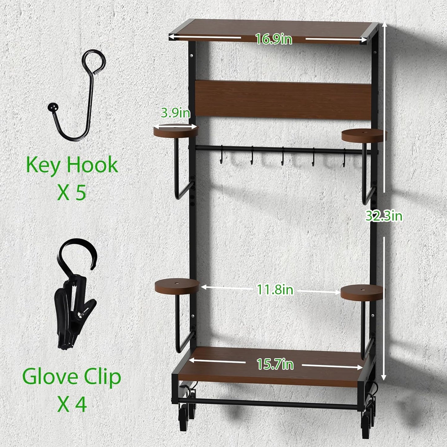 EleganceX Motorcycle Helmet Storage - Helmet Rack Wall Mount with 2 Tiers Storage Boards, 4 Hat Stands, 4 Glove Clips,5 Key Hooks Motorcycle Helmet Holder for Gear Accessories, Clothes, Gloves