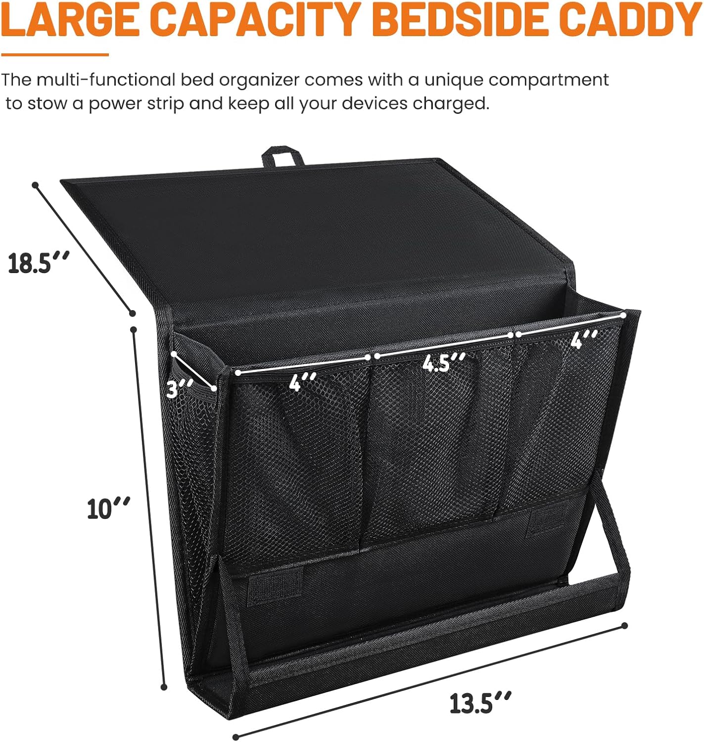 Bedside Caddy Hanging Bed Organizer Storage Bag Pocket with Power Strip Holder Multi-functional Organizer Caddy for Remotes Phone Glasses Magazines, Tablets, Accessories (7 pocket)