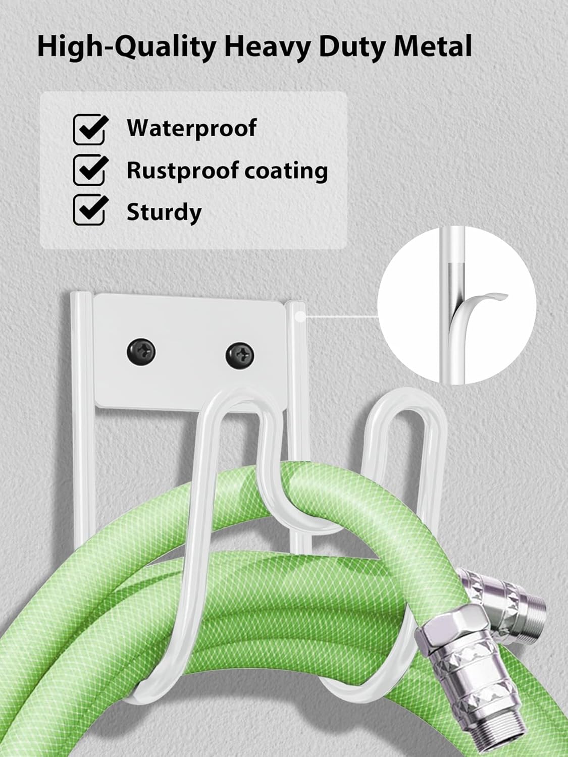 Metal Garden Hose Holder, Sturdy Wall Mounted Water Hose Hanger, Solid Hose Hook for Garden Garage Water Hose/Extension Cords/Vacuum Lines (White)