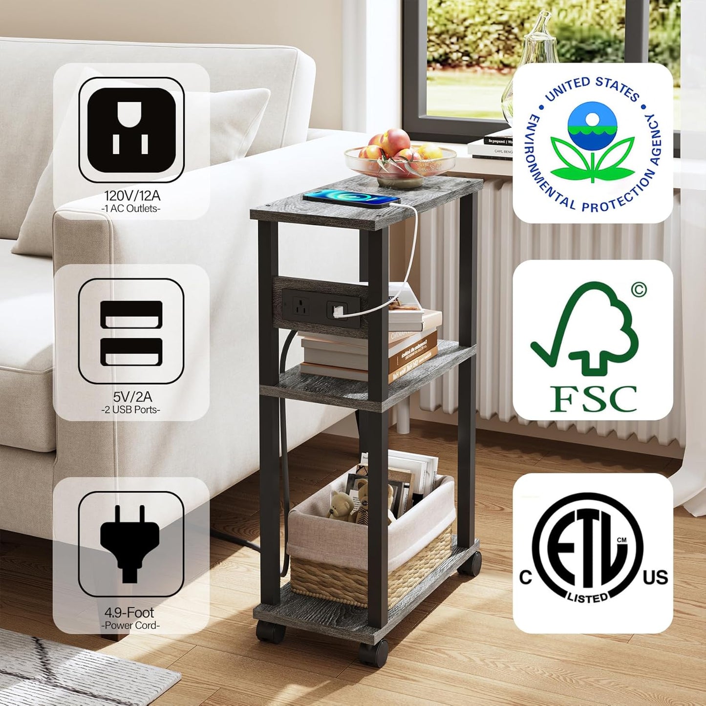 TUTOTAK Small Narrow Side Table with Charging Station, Set of 2, Skinny End Table for Small Spaces, Slim Nightstand with USB Ports and Outlet,Sofa Beside Table with Wheels, Charcoal Grey TB01BY047