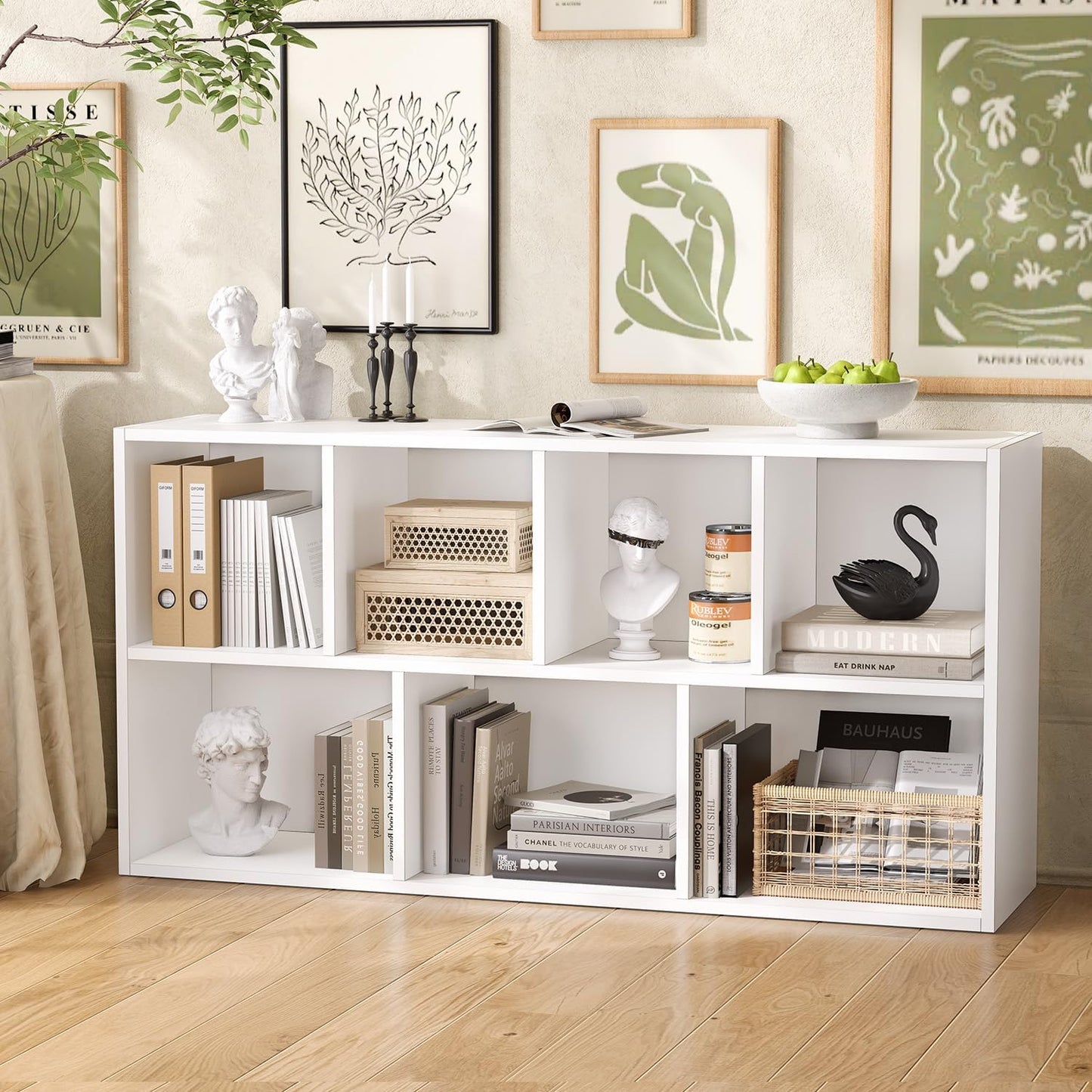 oneinmil 7 Cube Bookshelf, White Cube Organizer and Display Shelf with Storage, Stackable Bookcase for Small Space, Wooden Cube Shelf Easy to Match for Living Room, Bedroom, Study Room and Office