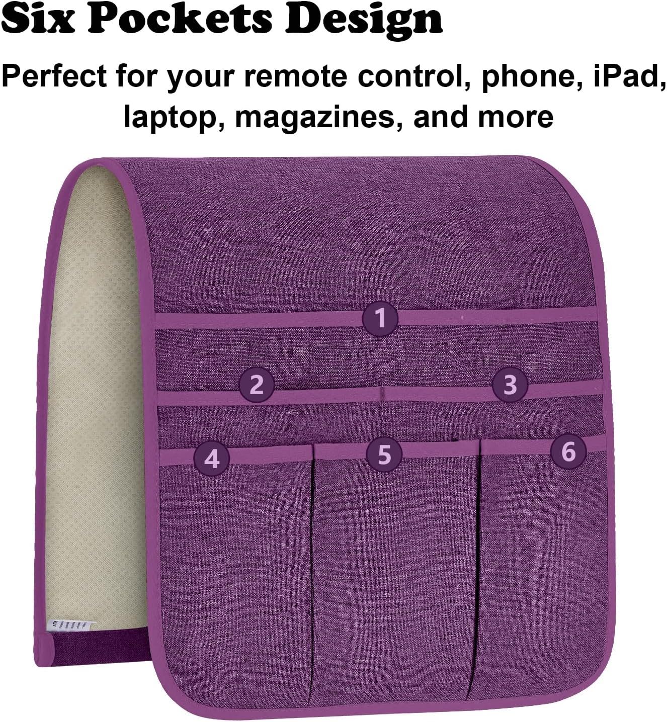 Remote Control Holder Armchair Caddy for Recliner Couch, Non-Slip Armrest Organizer with 5 Pockets for Magazine, Tablet, Phone, iPad (Purple)