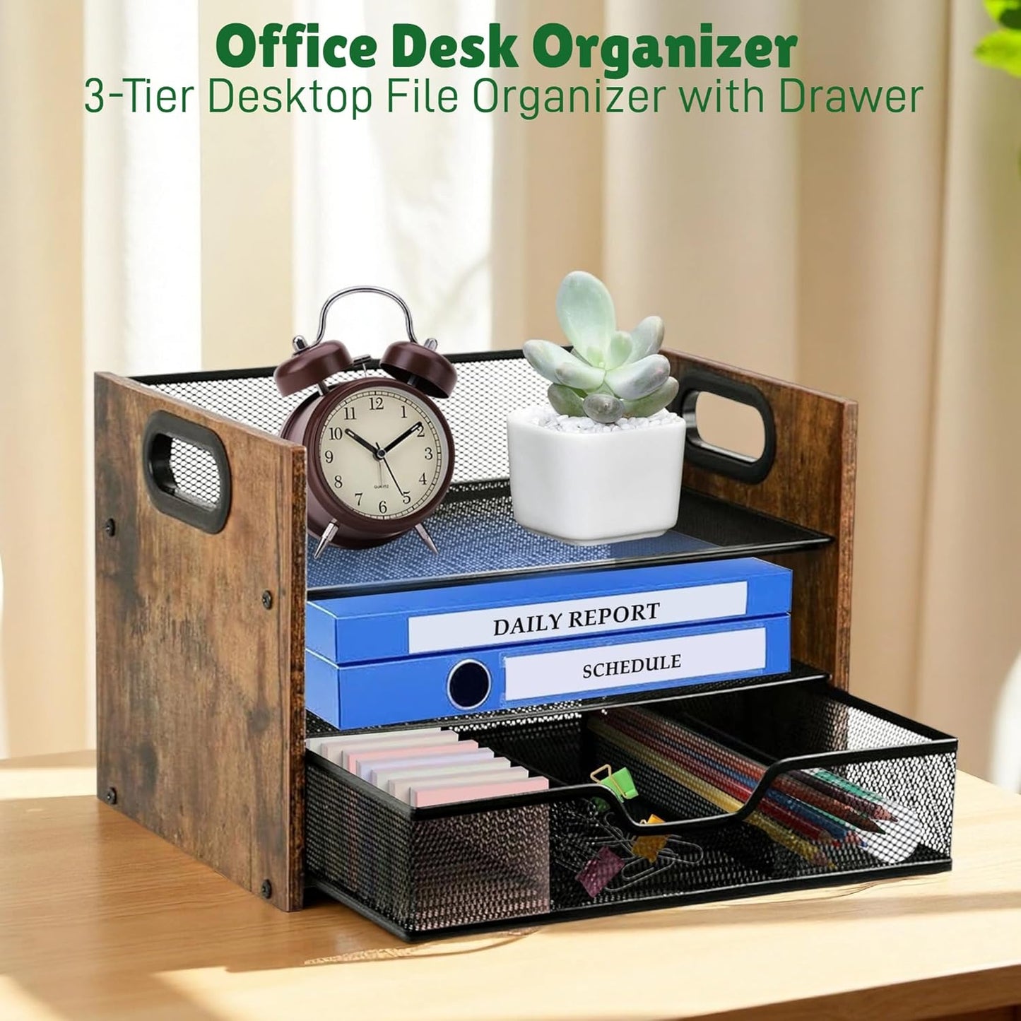 Wood Desk Organizer - 3-Tier Desktop File Organizer with Drawer, Wooden Paper Tray, Office Desk Organzier and Accessories for Papers, Mail, Notebooks, Stationery
