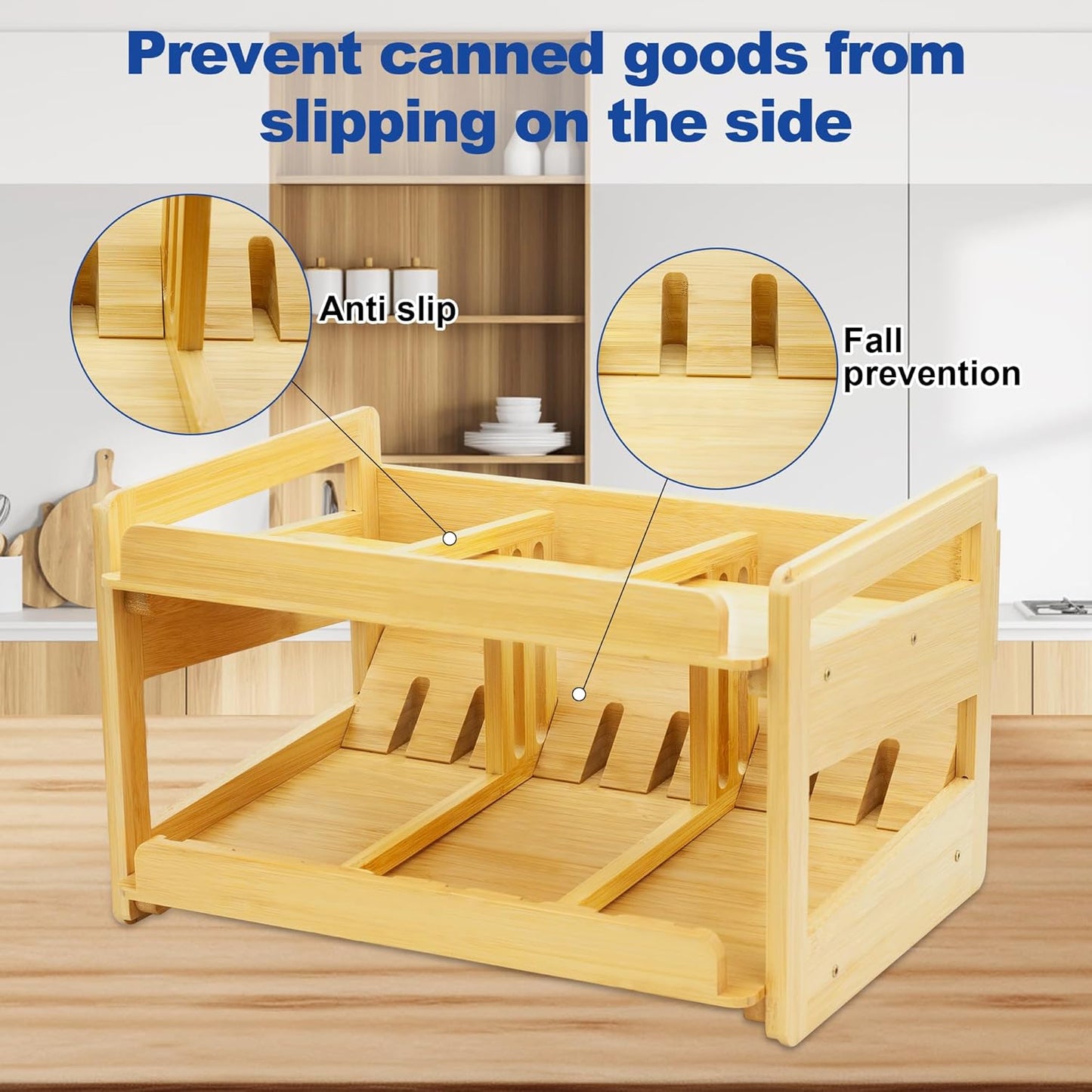 MinBoo Adjustable Can Organizer Rack, Two Tier Bamboo Stackable FIFO Cans Dispenser, Modern Style, Countertop, Assembly Required, Anti Shedding