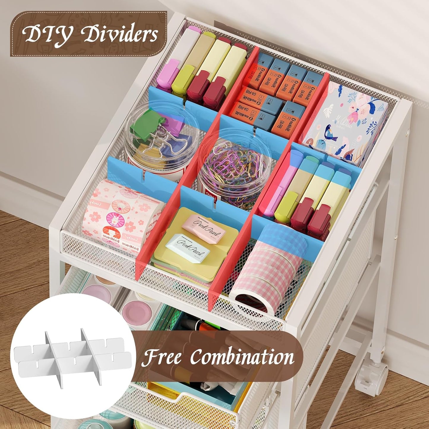 Rolling Utility Cart with 3 Drawers, Craft Organizer and Storage with DIY Divider, Lockable Wheels, Multi-Functional Storage for Art Supplies, Store for Brushes & Paints & Artifacts,White