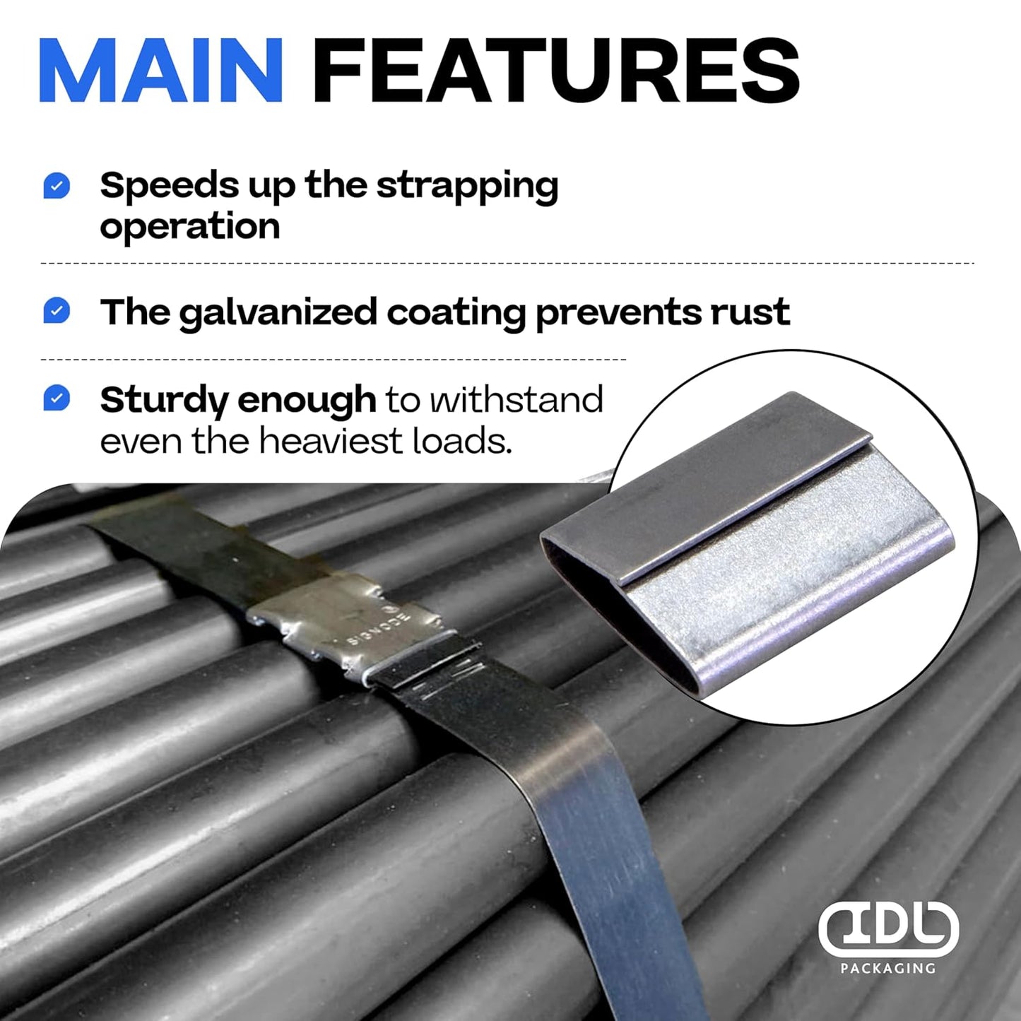 IDL Packaging 3/4" Closed (Push Type) Seals for Steel Strapping, Pack of 250 - USA-Made Sturdy Metal Clips for Securing Heavy Packaging & Pallet Banding - Superior Holding Power for Steel Banding Jobs