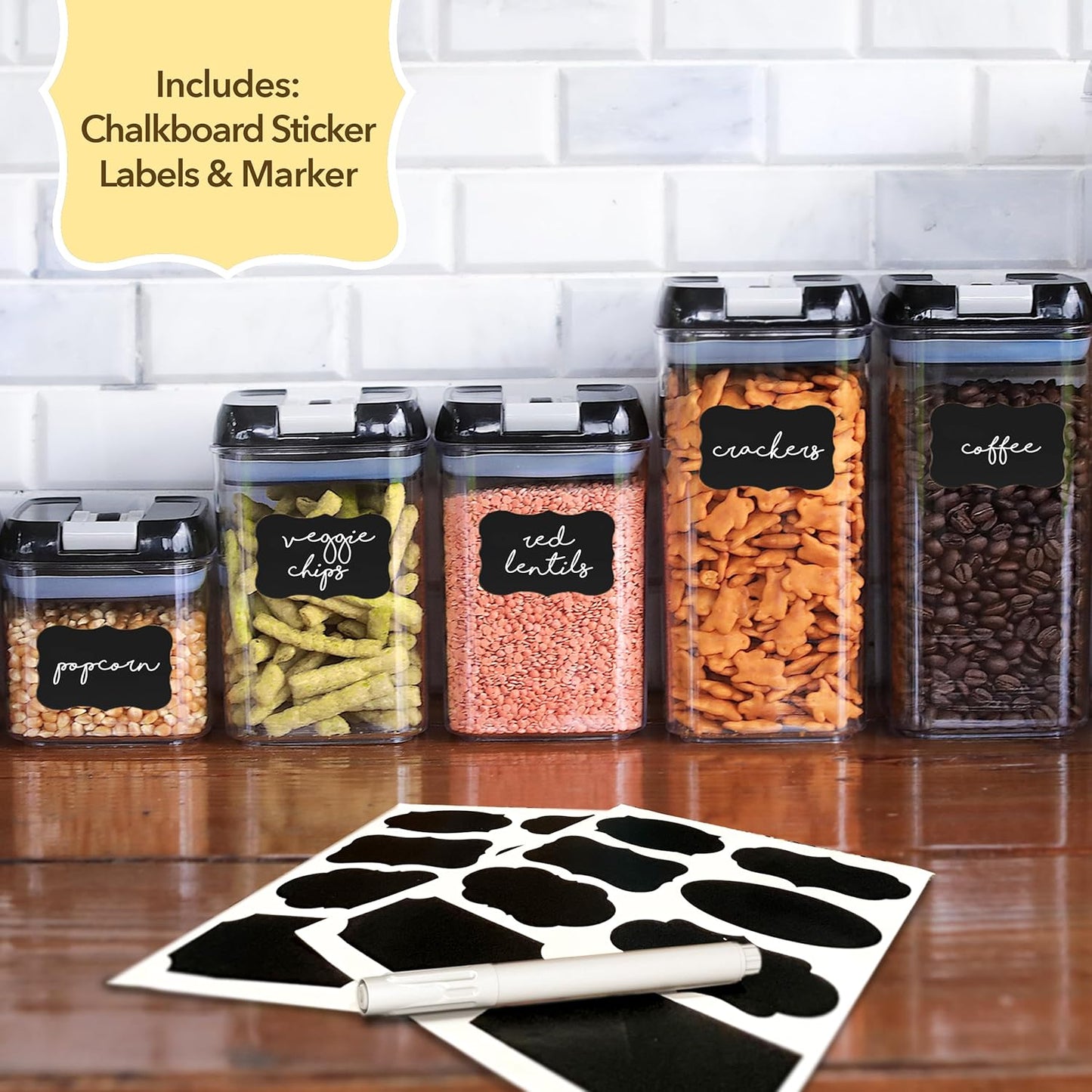 Simply Gourmet Airtight Food Storage Containers with Lids – 6 Piece Slim Kitchen Pantry Organization Set, 5 Cup Capacity, BPA-Free Clear Plastic, Stackable Containers for Flour, Sugar, Rice, Snacks