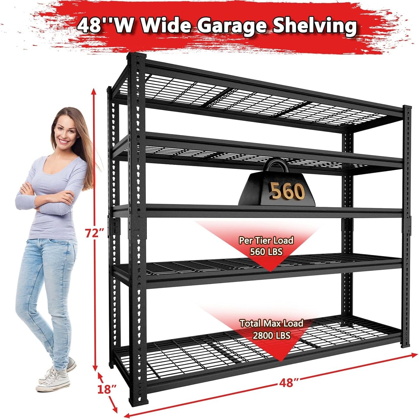 Storage Shelves 2PCS, Garage Shelving Heavy Duty 2800 LBS Capacity, 48" L x 18" W x 72" H Adjustable Metal Shelving Organizer Wire Rack, 5 Tier Utility Shelf Unit for Pantry Closet Warehouse