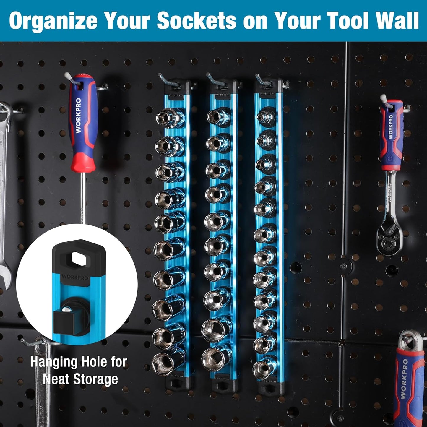 WORKPRO Magnetic Socket Organizer, 1/2-Inch Drive Aluminum Alloy Socket Rail, Heavy Duty Socket Holder, Socket Rack Kit 1/2-Inch x 10 Clips Sky Blue (Socket not Included)