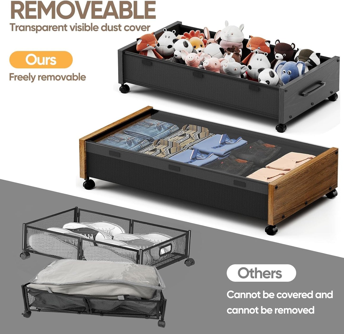 Under Bed Storage Containers with Wheels, Extra Large Wooden Underbed Shoes Organizer 2 Packs, Rolling Under the Bed Storage Drawers with Clear Lid, Heavy Duty Metal Frame for Clothes 36"L (Vintage)