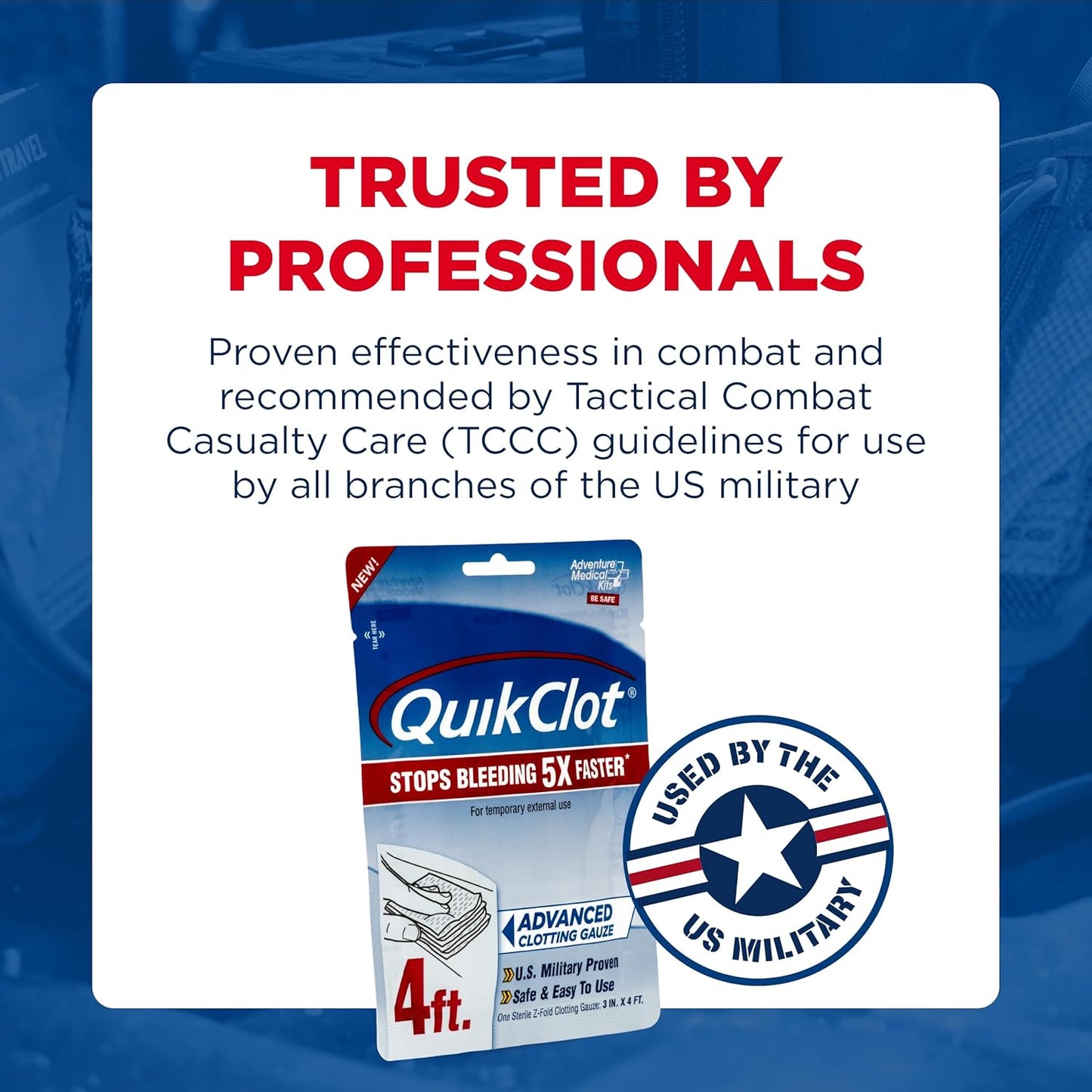 Adventure Medical Kits QuikClot Gauze - Flexible Hemostatic Medical Gauze for Emergency Survival or Disaster Preparedness Kits & More - Stops Bleeding Fast with Kaolin - 3" x 24" (2 Strips)