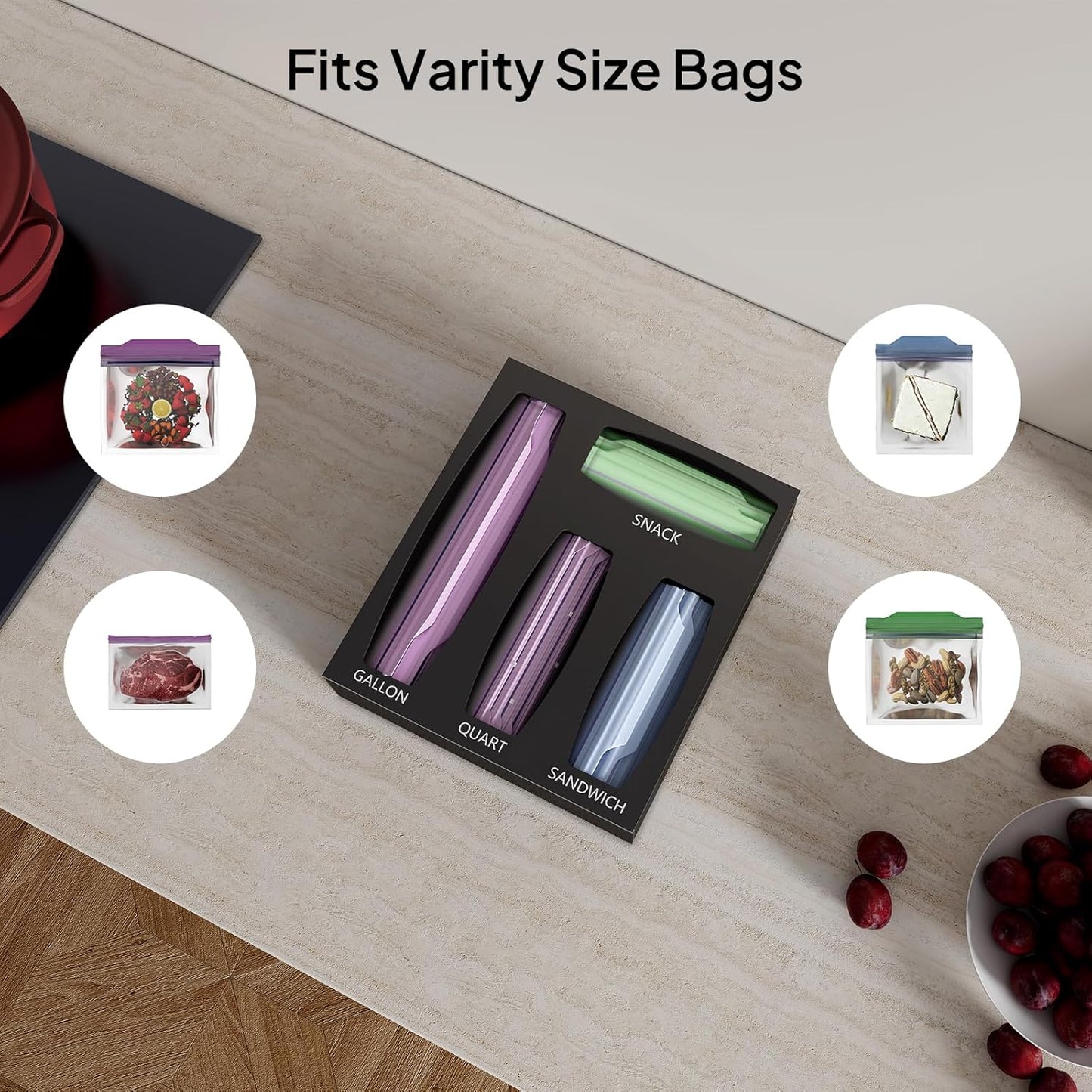 Aquiver Acrylic Bags Organizer - Baggie Bags Drawer Organizer & Plastic Food Storage Bags Holder - Compatible with Gallon, Quart, Sandwich, Snap, Freezer, Slider Bags (Black)