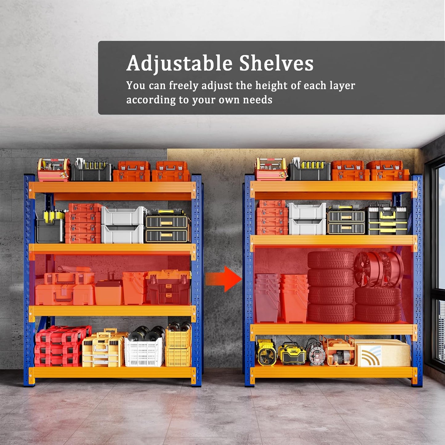 5000LBS Heavy Duty Garage Shelving 59" W Garage Storage Shelves 4-Tier Metal Adjustable Shelf Unit Storage Rack for Basement Supermarket Warehouse 59" W x 24" D x 78" H Blue-Orange