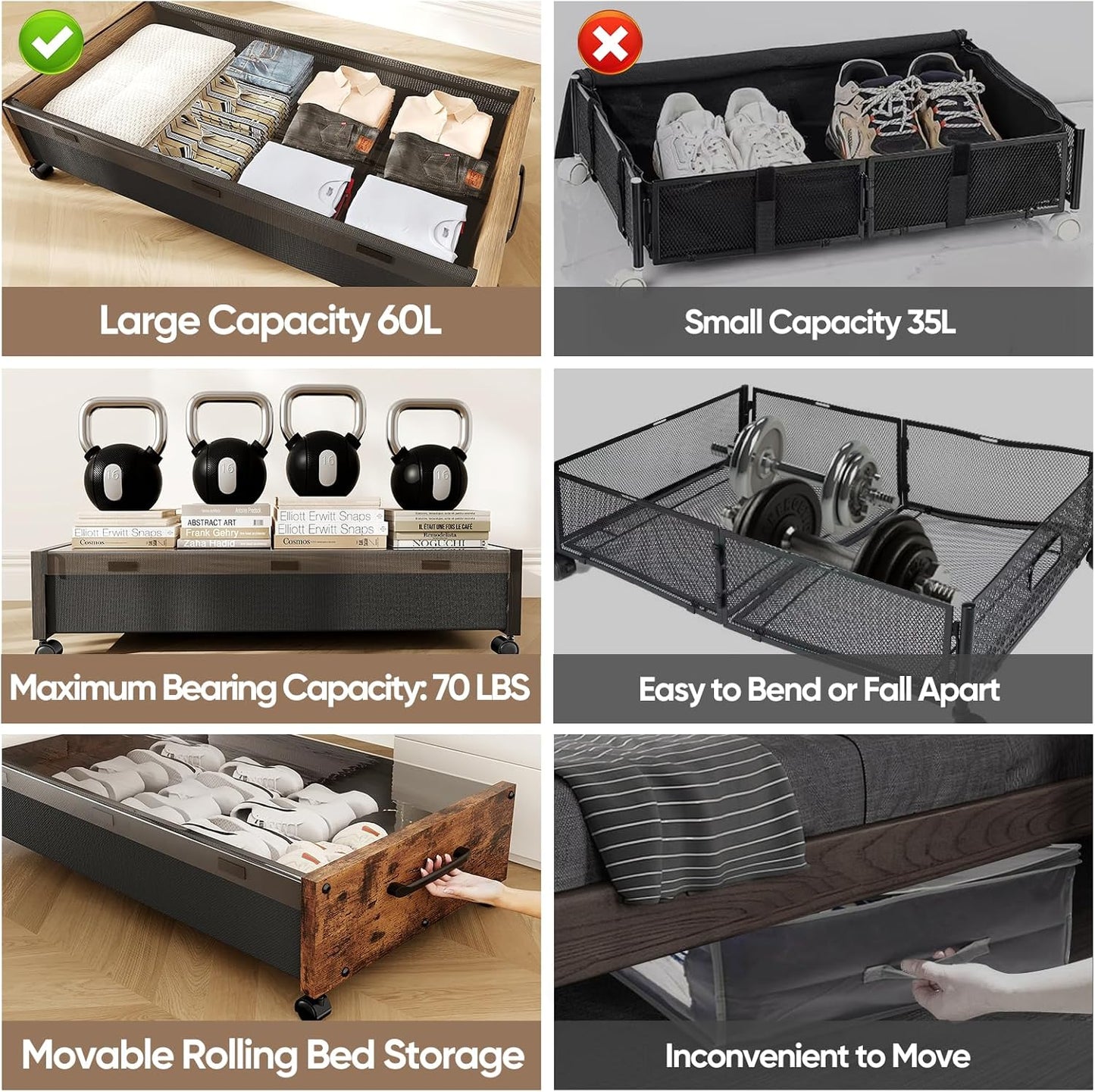 KITHELP Wooden Under Bed Storage with Wheels, Rolling Under the Bed Storage Bins with Removable Lid, Metal Under Bed Drawers for Clothes and Shoes in Bedroom or Living Room(Black Wood-1pack)