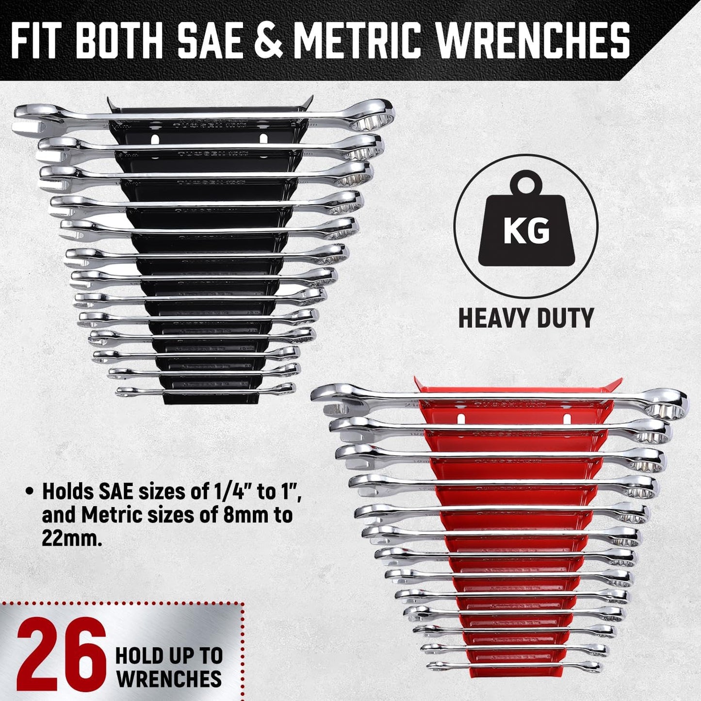 ALOANES 52-Slot Metal Wrench Organizer, Heavy Duty Hanging Wrench Organizer Tray for Tool Box&Wall, Fit SAE & Metric Wrench Storage, 4 Pack Wrench Holders (Red&Black)