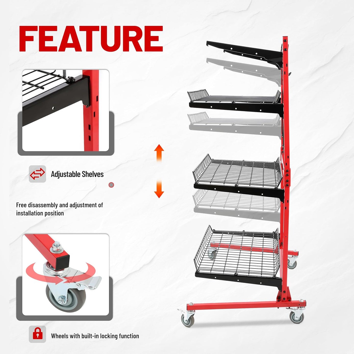 Auto Body Parts Storage Rack 3 Shelf Cart Storage Rack Stand with Locking Casters for Repair Shops Garages Heavy Duty Steel Powder Coated