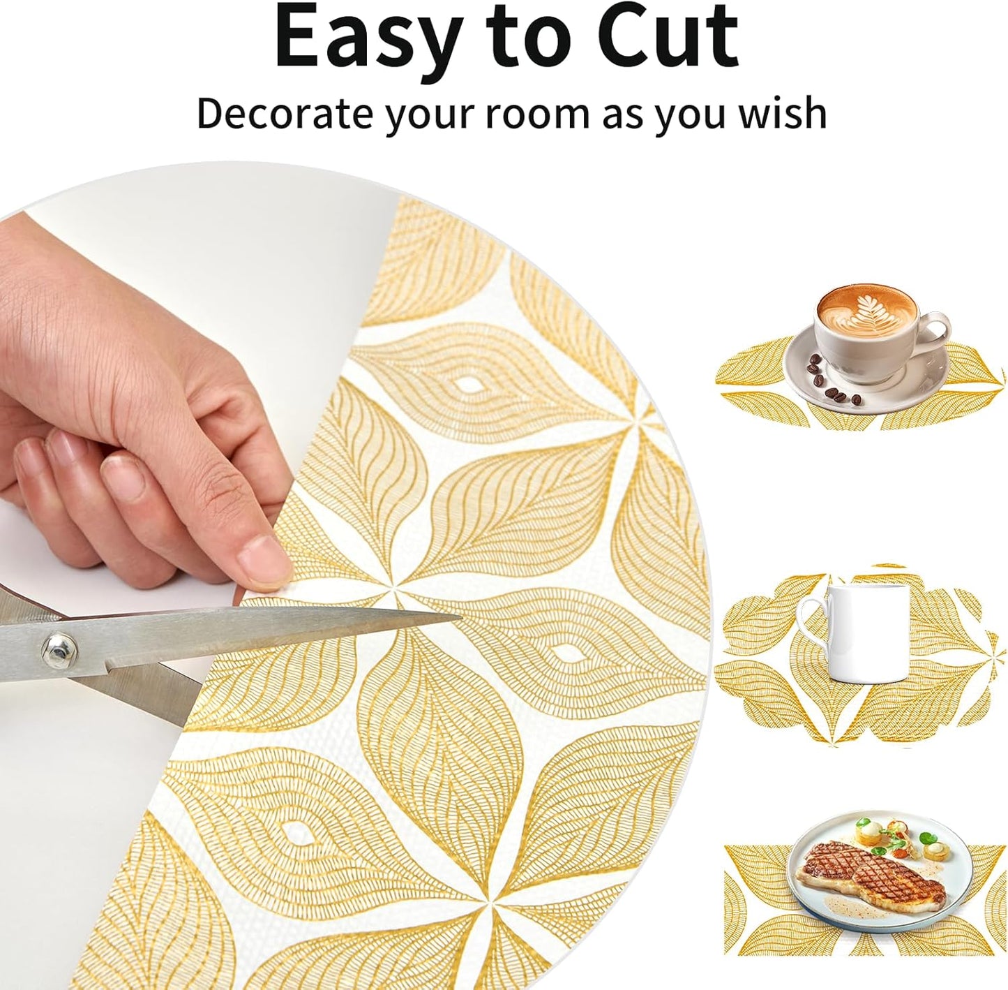 Shelf Liners for Kitchen Cabinets 12in x 20FT, Non Adhesive Cabinet Liner Strong Non-Slip Golden Leaf Drawer Liner, Easy to Clean for Shelf, Cabinet with Knife and Tape Measure