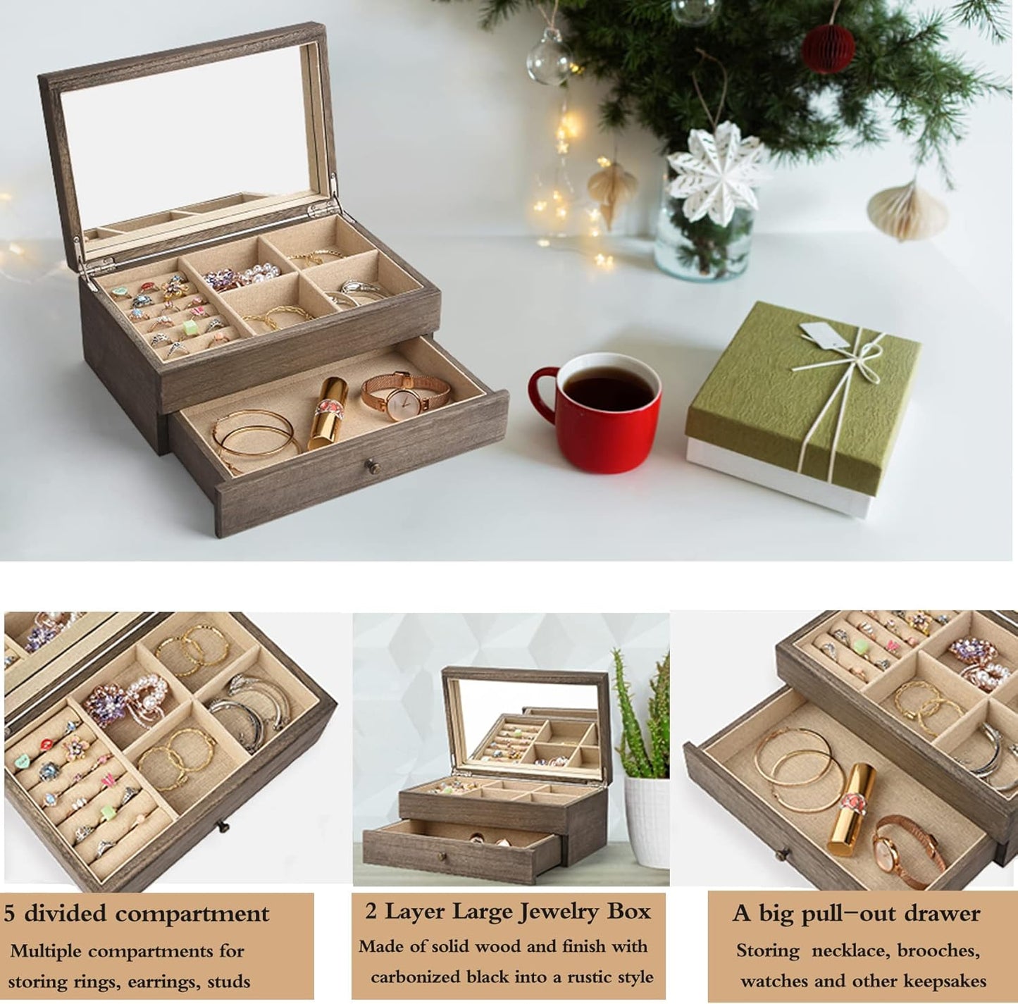 Meangood Jewelry Box Organizer for Women, 2 Layer Large Jewelry Storage Case, Rustic Wooden Jewelry Box with Mirror & Ring Tray for Necklace Earring Bracelets Rings, Vintage Style (Weathered Grey)