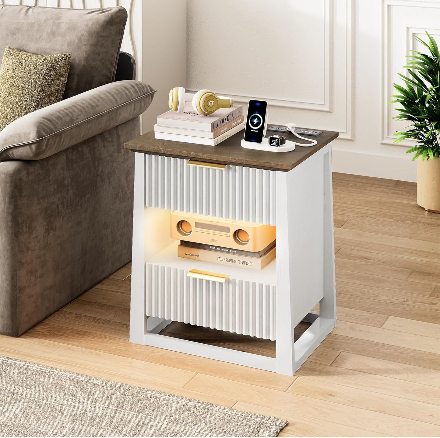 HIFYOBRO Fluted Nightstands Set of 2 with Charging Station & Motion Sensor Light, Modern Bedside Tables with 2 Drawers and Storage Shelf for Bedroom, White