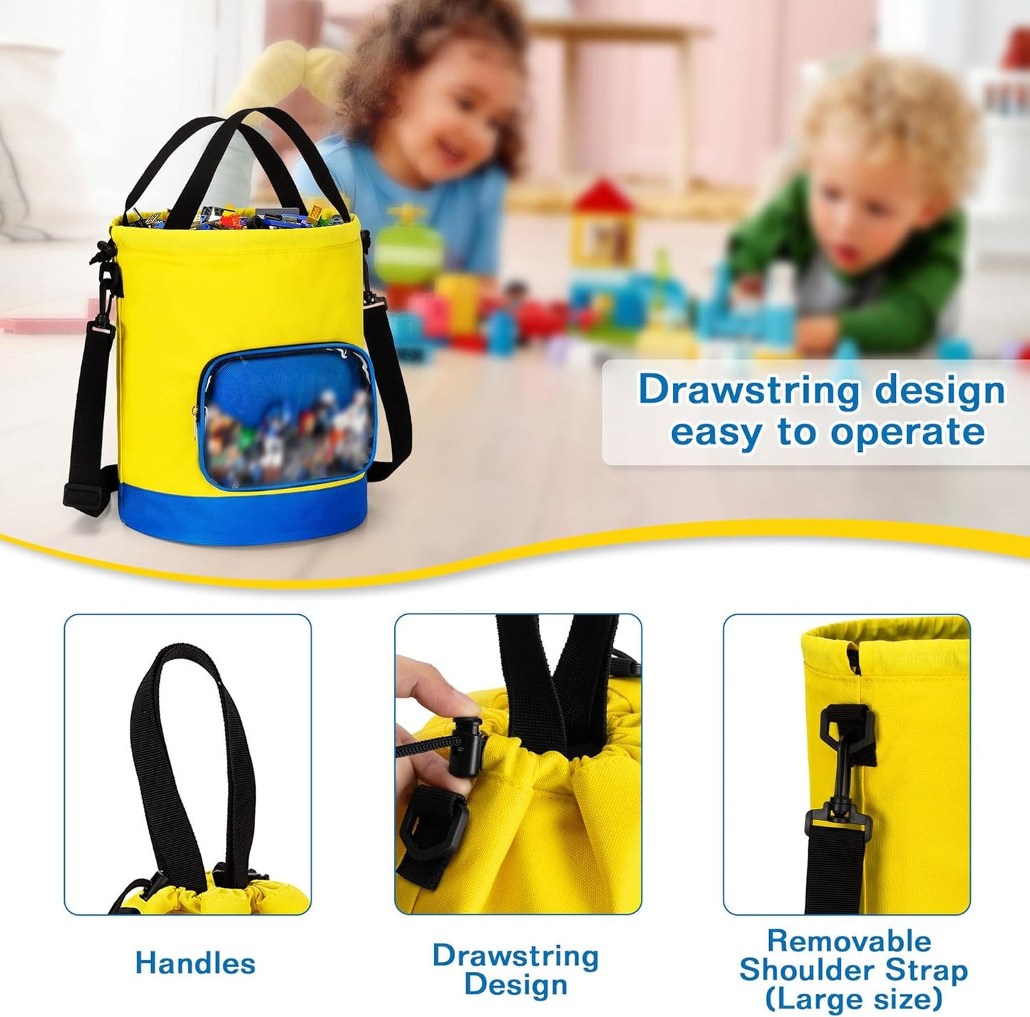 2 Pack Drawstring Toy Storage Bag Compatible with Lego Bricks, Toy Storage Cinch Bucket Bag for Building Blocks, Magnetic Tiles, Board Games, Puzzles