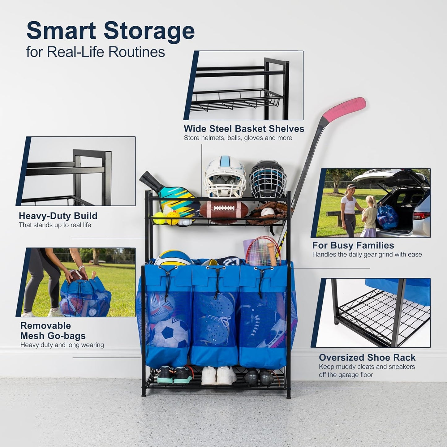 KASSELL Garage Sports Organizer Storage rack for sports equipment Ball, Heavy Duty Toy and Gear Storage Organizer with Grab and go bags (Black)